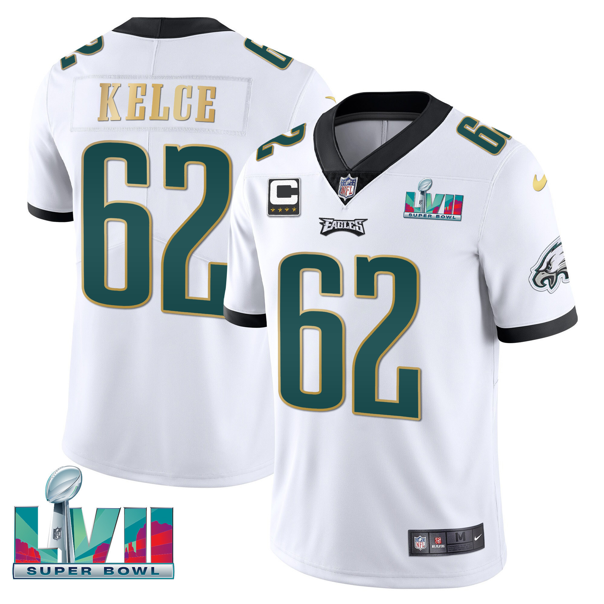 Jason Kelce Youth's Philadelphia Eagles Super Bowl Patch Vapor White Gold Trim Jersey - All Stitched