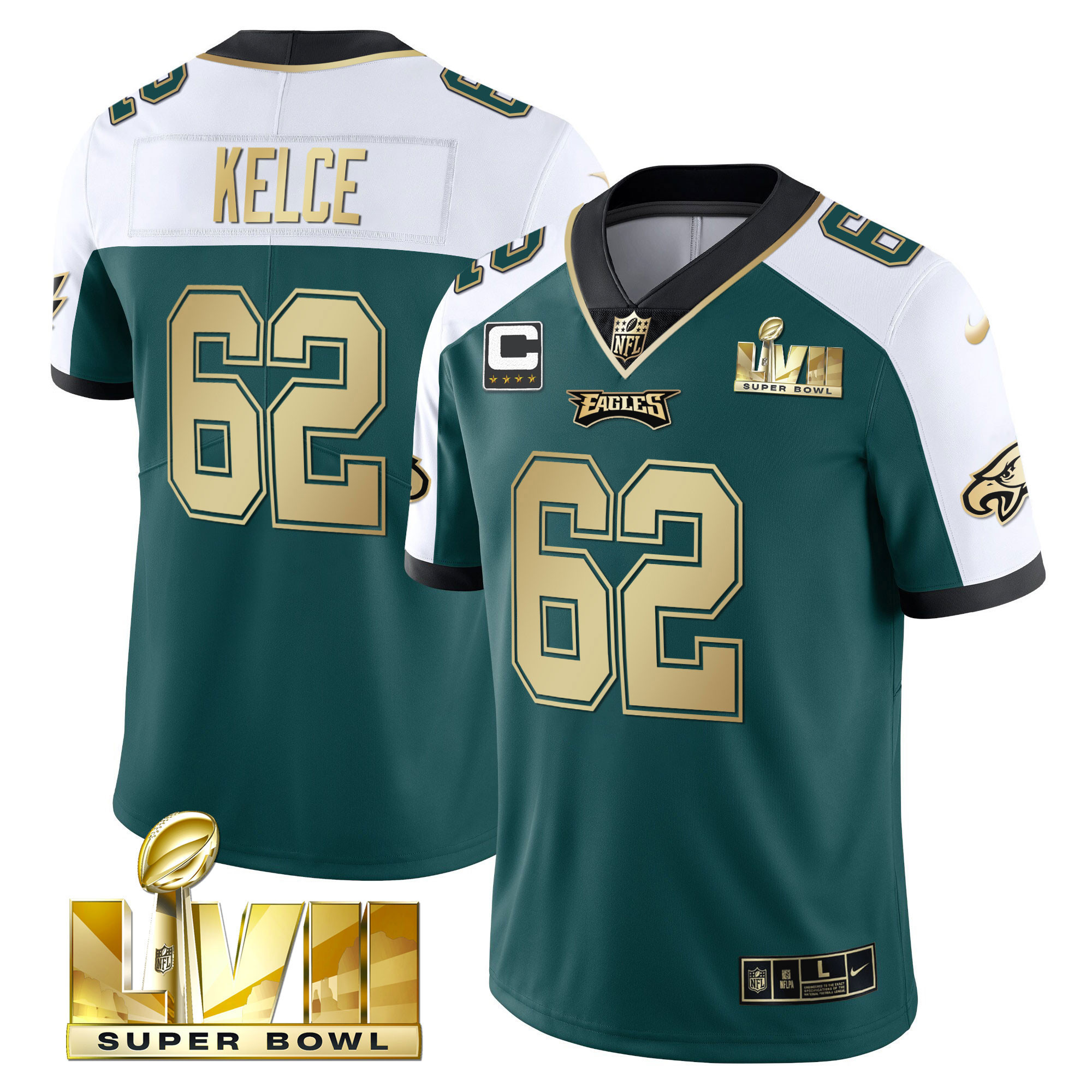 Jason Kelce Youth's Philadelphia Eagles Super Bowl Vapor Gold Alternate Green Jersey - All Stitched