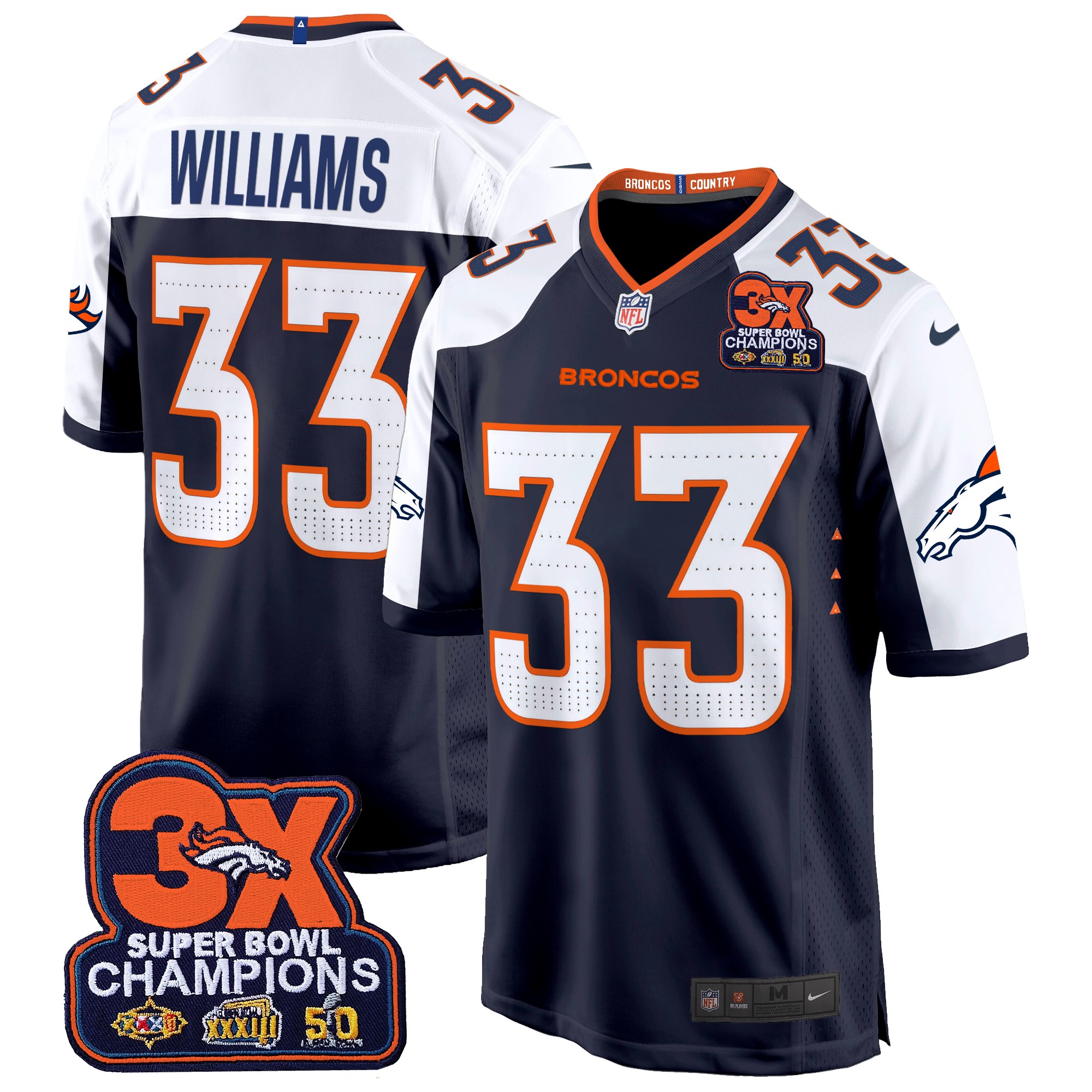 Javonte Williams Men's Denver Broncos 3-Time Champions Patch Game Jersey - Al Stitched Navy Alternate Jersey - All Stitched