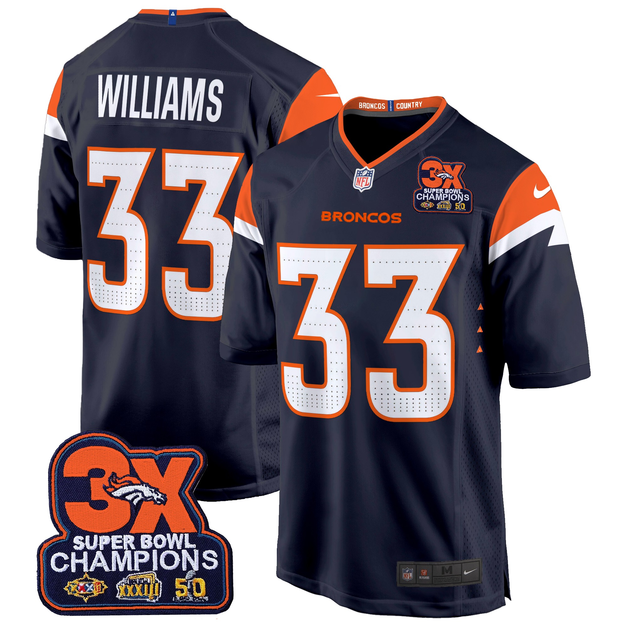 Javonte Williams Men's Denver Broncos 3-Time Champions Patch Game Jersey - Al Stitched Navy Jersey - All Stitched