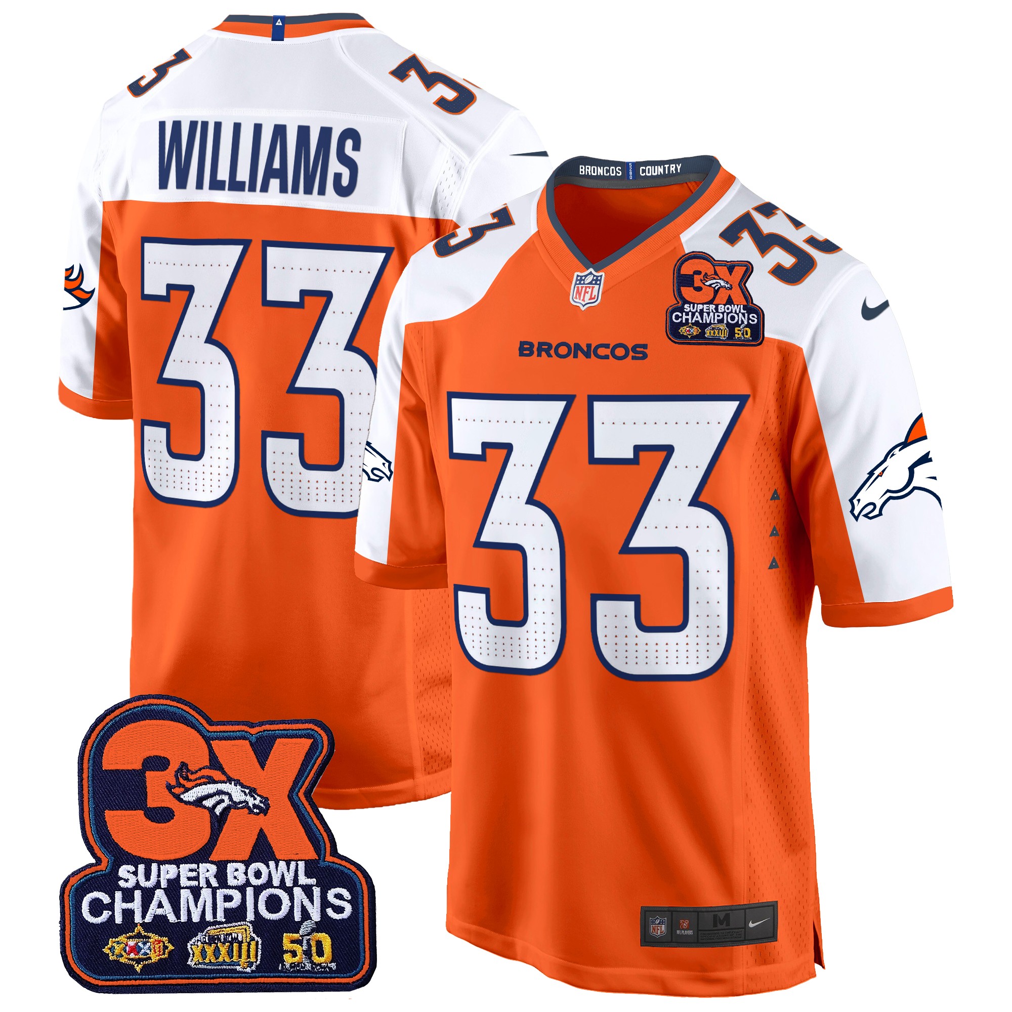 Javonte Williams Men's Denver Broncos 3-Time Champions Patch Game Jersey - Al Stitched Orange Alternate Jersey - All Stitched