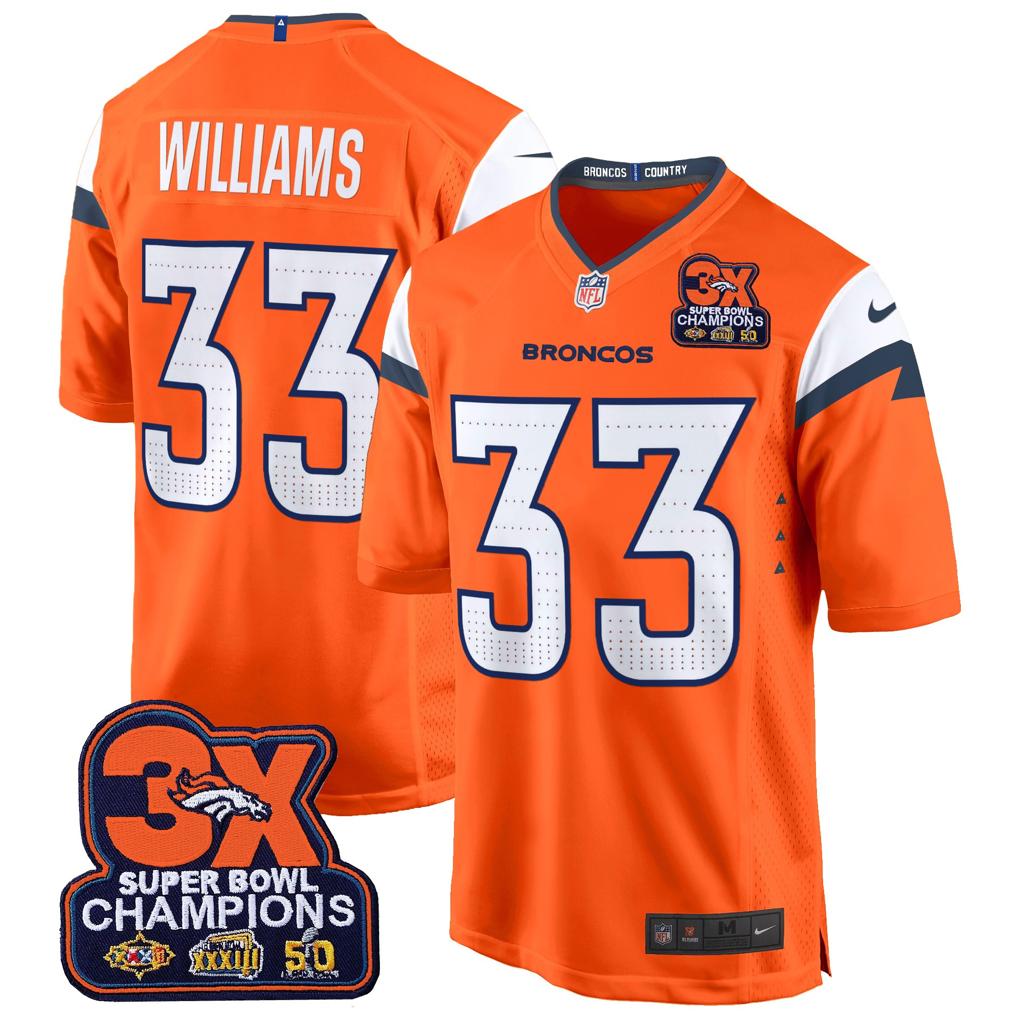 Javonte Williams Men's Denver Broncos 3-Time Champions Patch Game Jersey - Al Stitched Orange Jersey - All Stitched