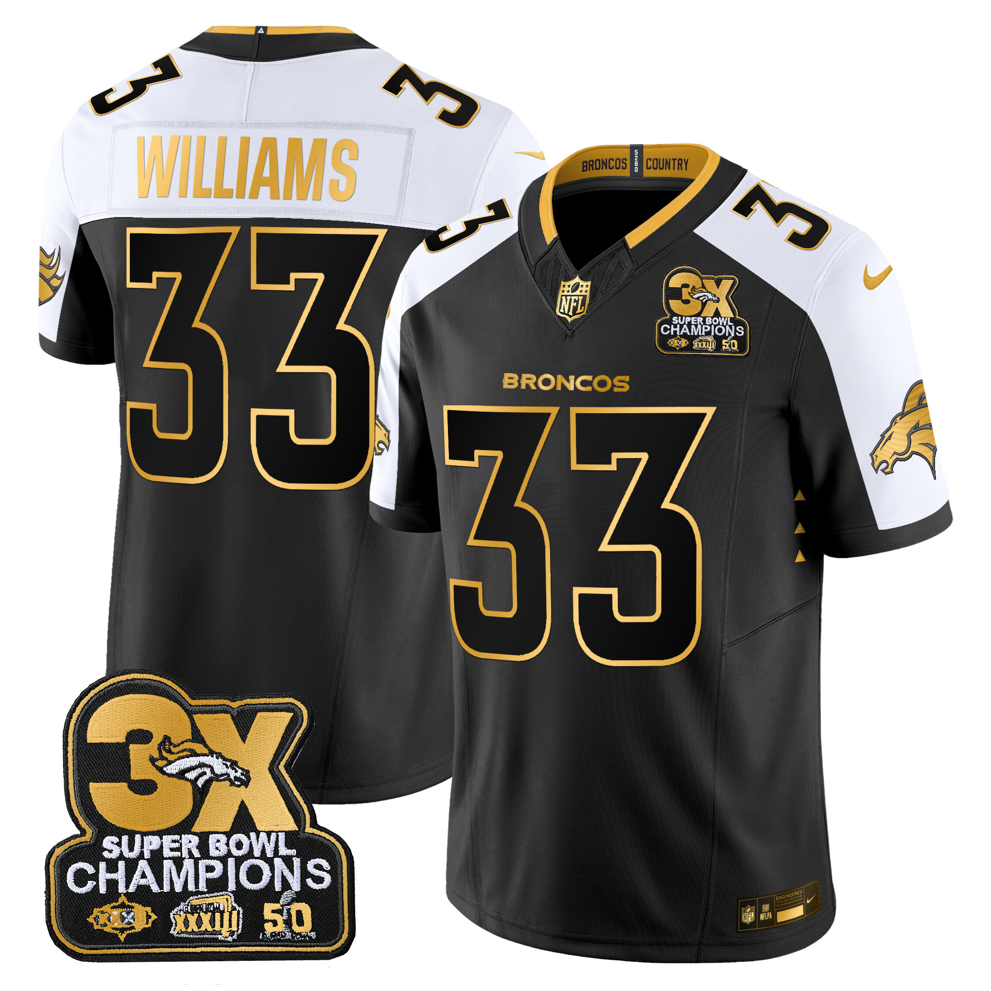 Javonte Williams Men's Denver Broncos 3-Time Champions Patch Gold Vapor Limited Alternate Jersey - All Stitched