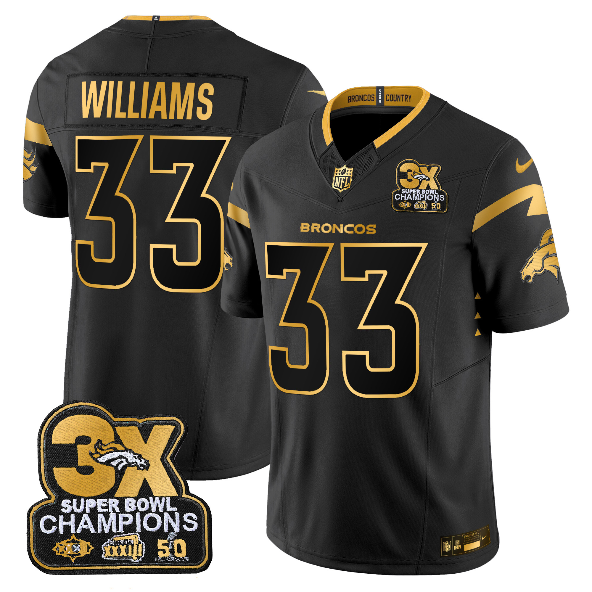 Javonte Williams Men's Denver Broncos 3-Time Champions Patch Gold Vapor Limited Black Gold Jersey - All Stitched