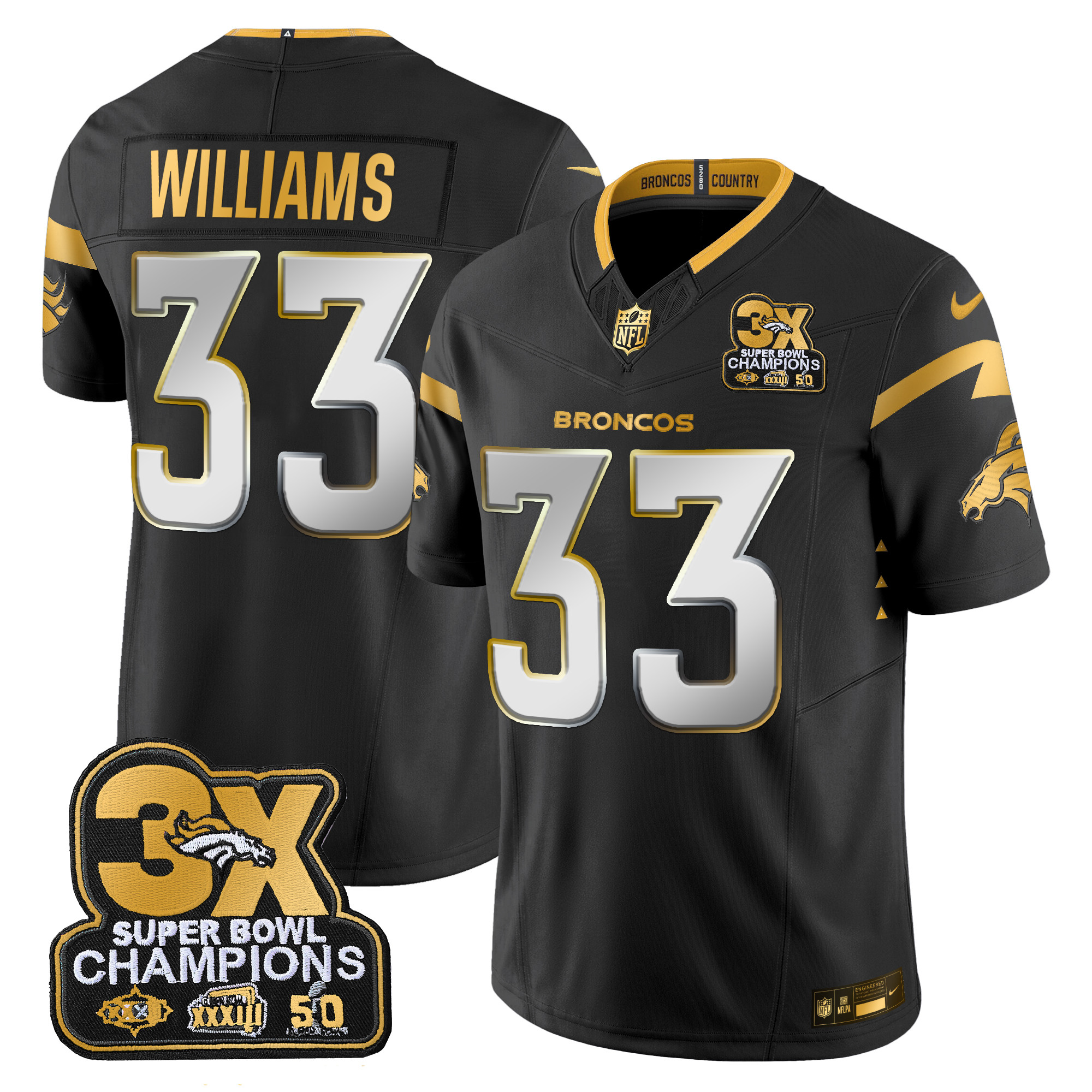 Javonte Williams Men's Denver Broncos 3-Time Champions Patch Gold Vapor Limited Black Limited Jersey - All Stitched