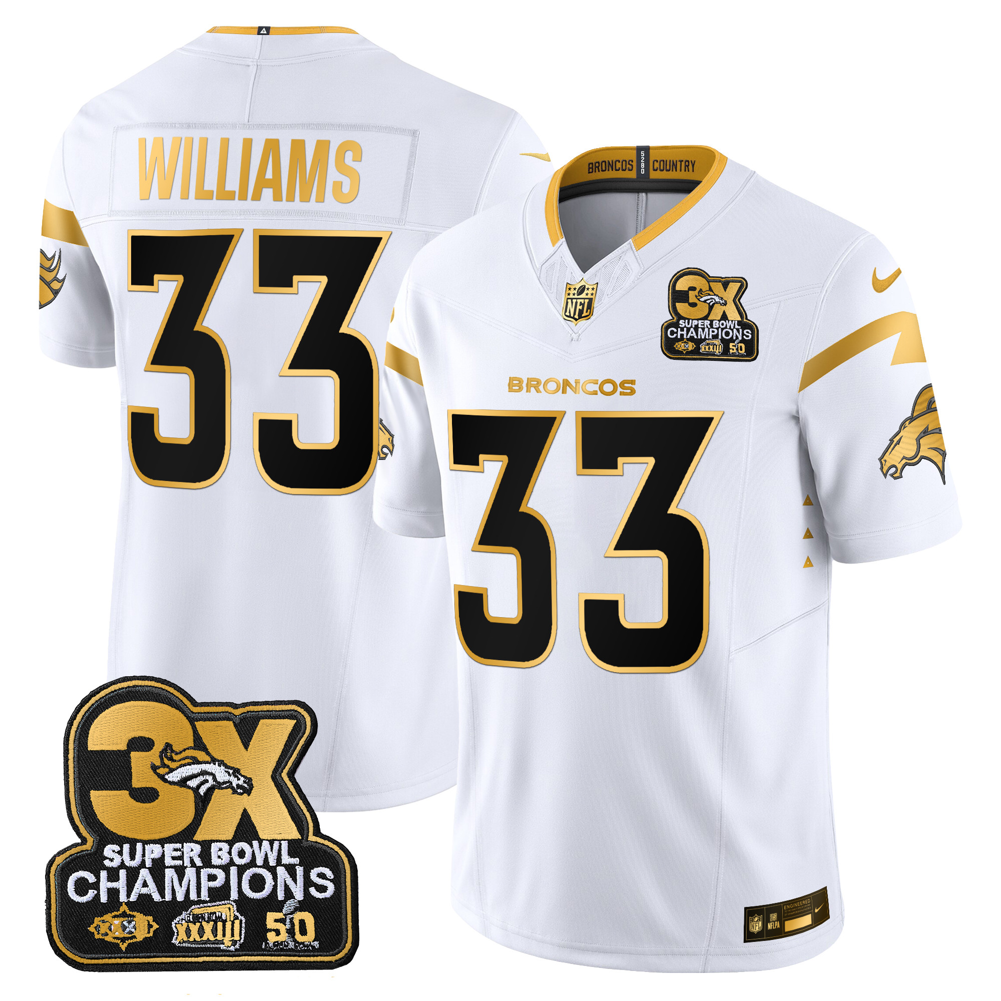 Javonte Williams Men's Denver Broncos 3-Time Champions Patch Gold Vapor Limited White Gold Jersey - All Stitched