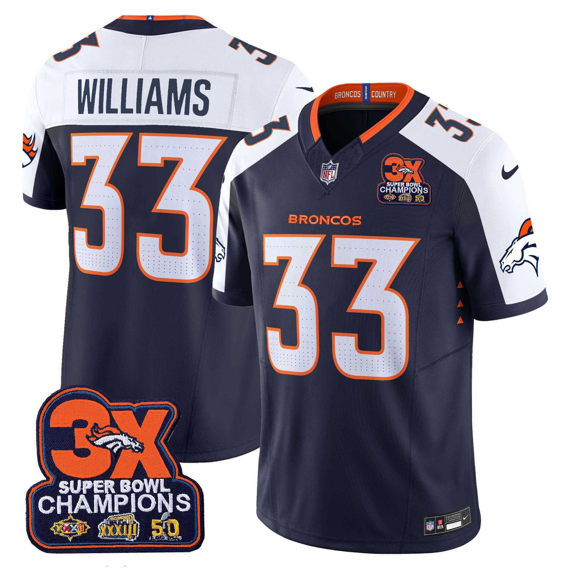 Javonte Williams Men's Denver Broncos 3-Time Champions Patch Vapor Limited Navy Alternate Jersey - All Stitched
