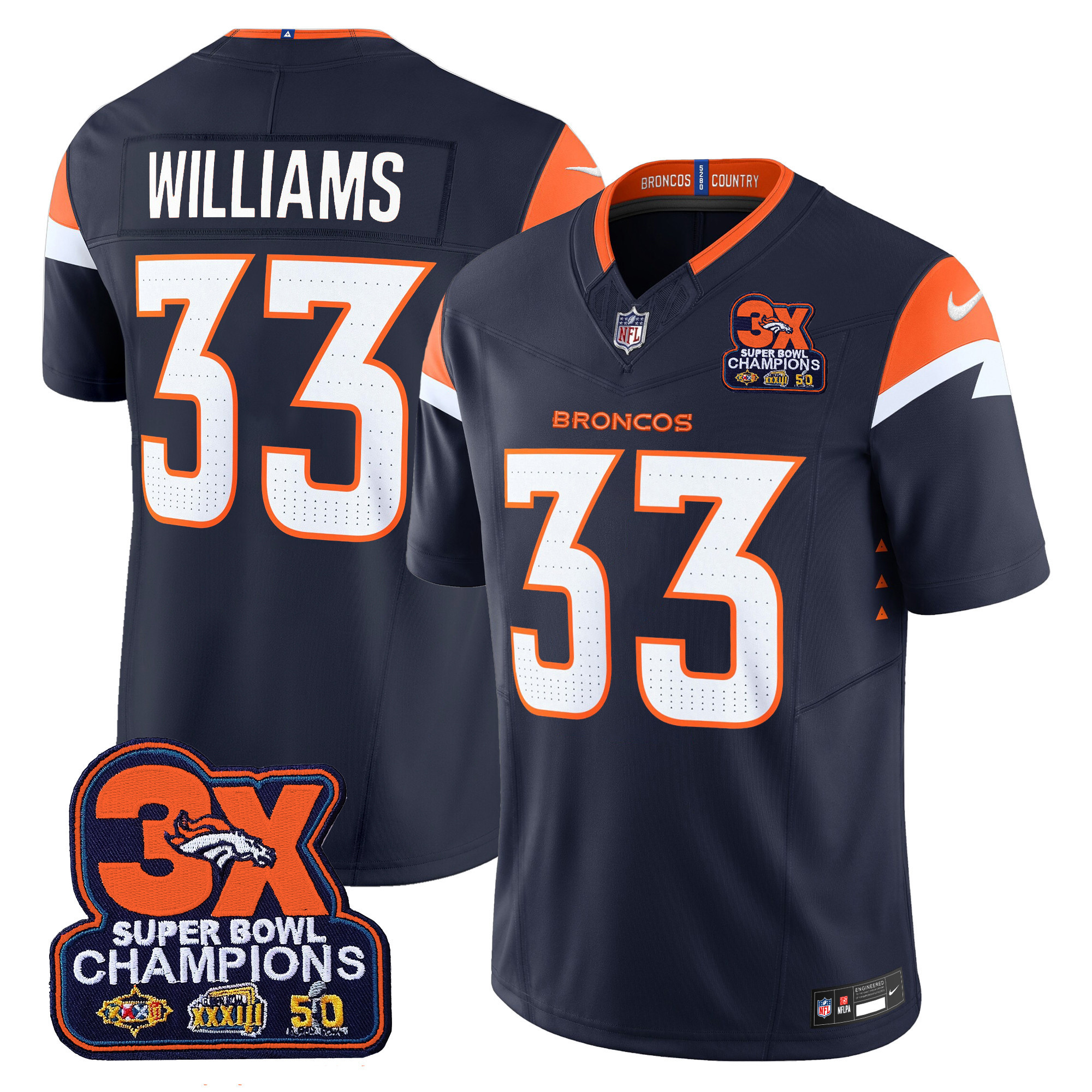 Javonte Williams Men's Denver Broncos 3-Time Champions Patch Vapor Limited Navy Jersey - All Stitched