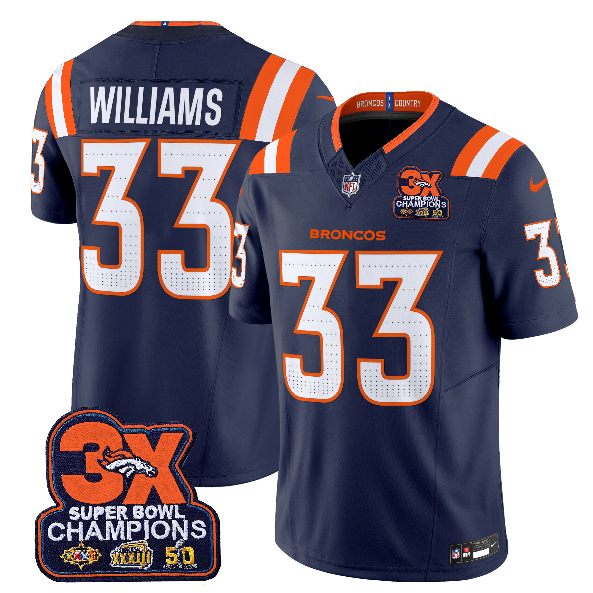 Javonte Williams Men's Denver Broncos 3-Time Champions Patch Vapor Limited Navy Jersey - All Stitched