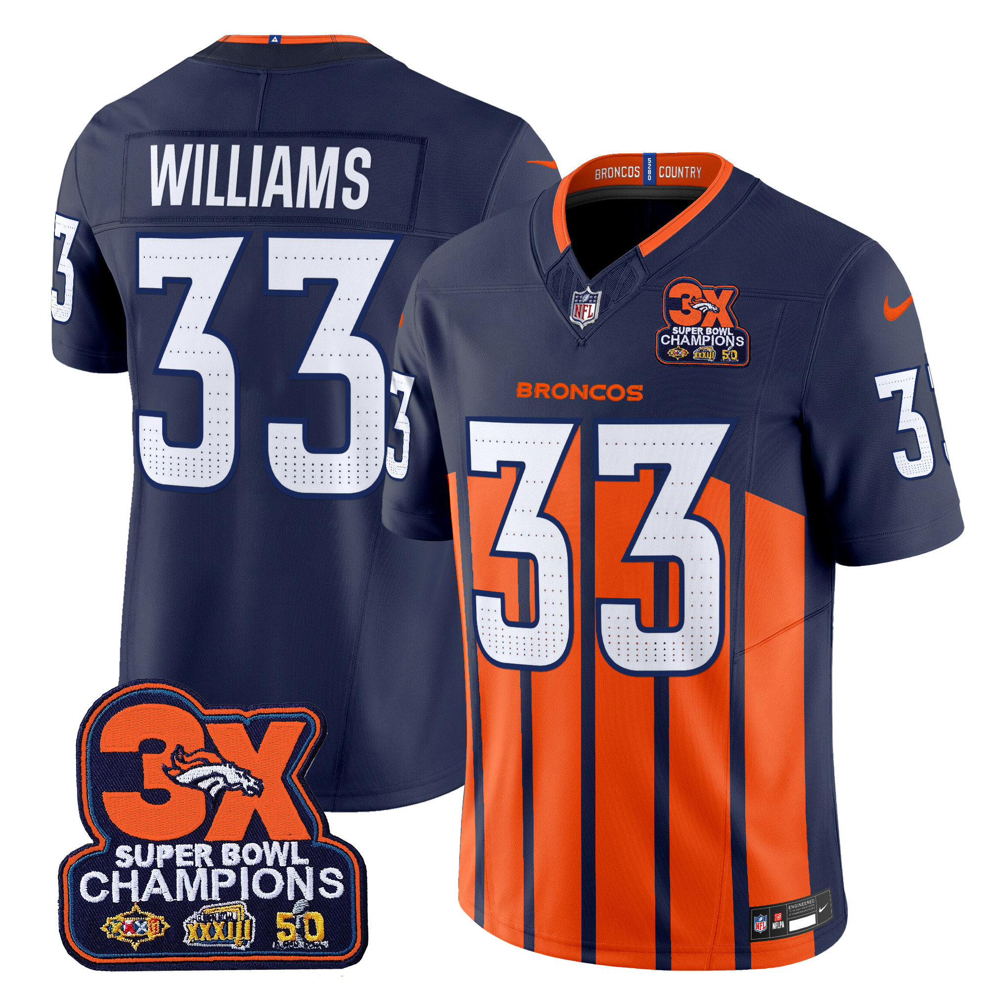 Javonte Williams Men's Denver Broncos 3-Time Champions Patch Vapor Limited Navy Special Jersey - All Stitched