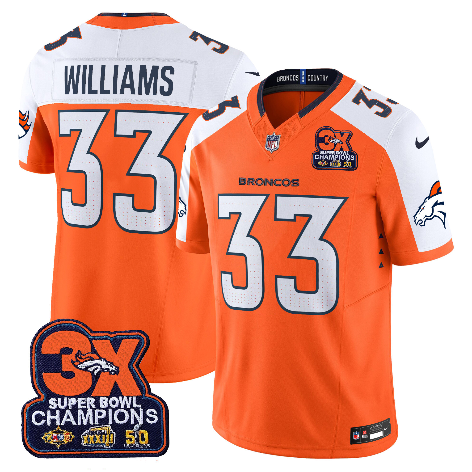 Javonte Williams Men's Denver Broncos 3-Time Champions Patch Vapor Limited Orange Alternate Jersey - All Stitched