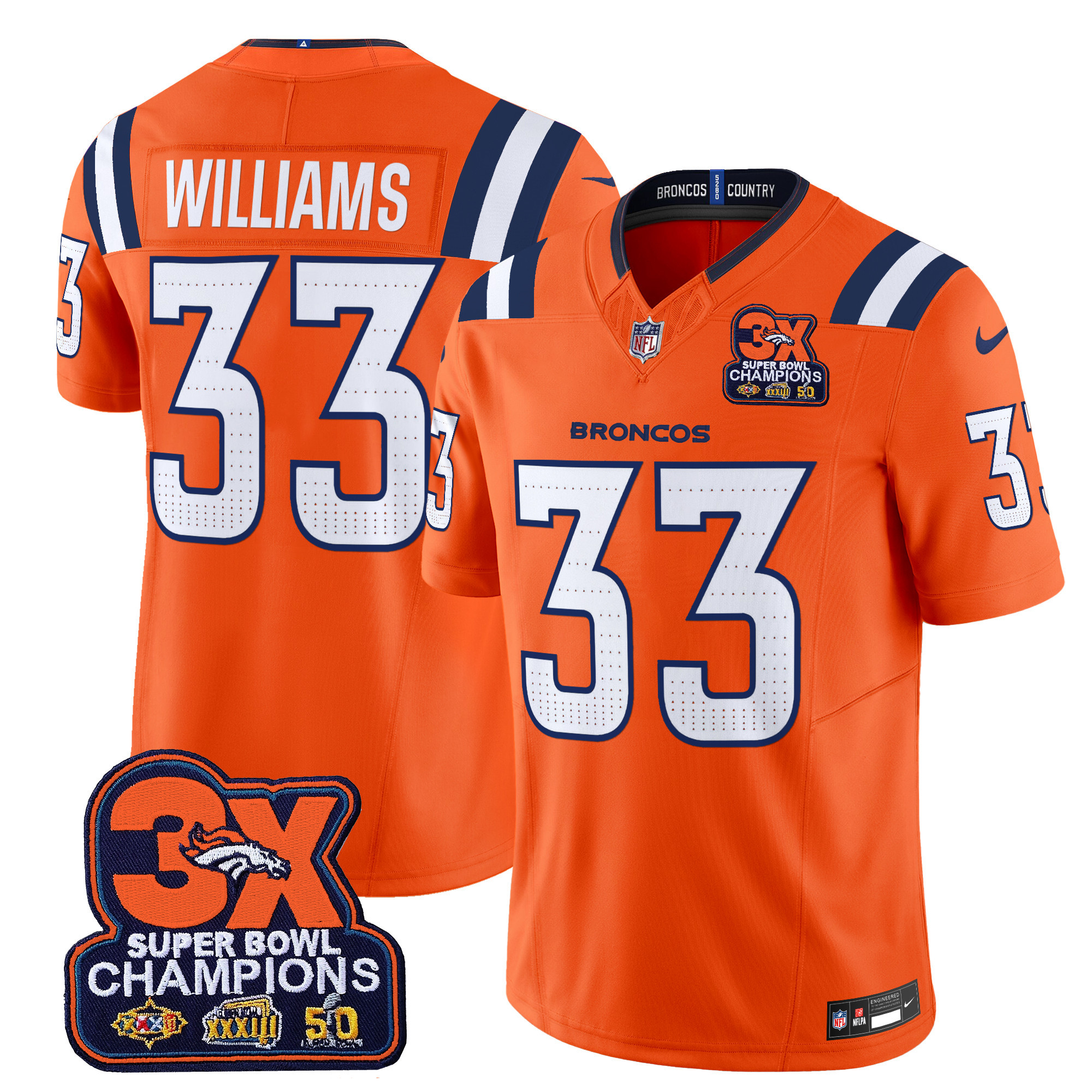 Javonte Williams Men's Denver Broncos 3-Time Champions Patch Vapor Limited Orange Jersey - All Stitched