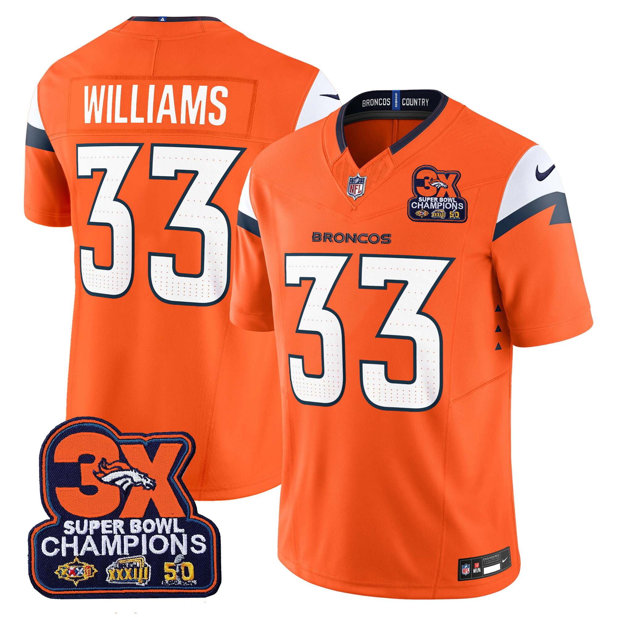 Javonte Williams Men's Denver Broncos 3-Time Champions Patch Vapor Limited Orange Jersey - All Stitched