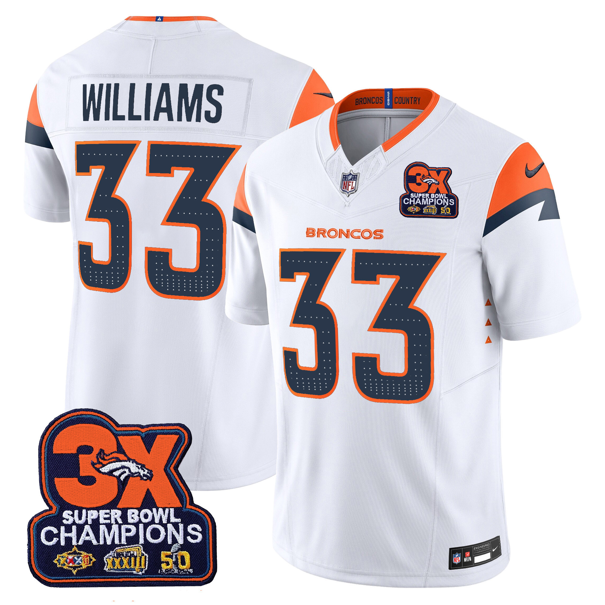 Javonte Williams Men's Denver Broncos 3-Time Champions Patch Vapor Limited White Jersey - All Stitched