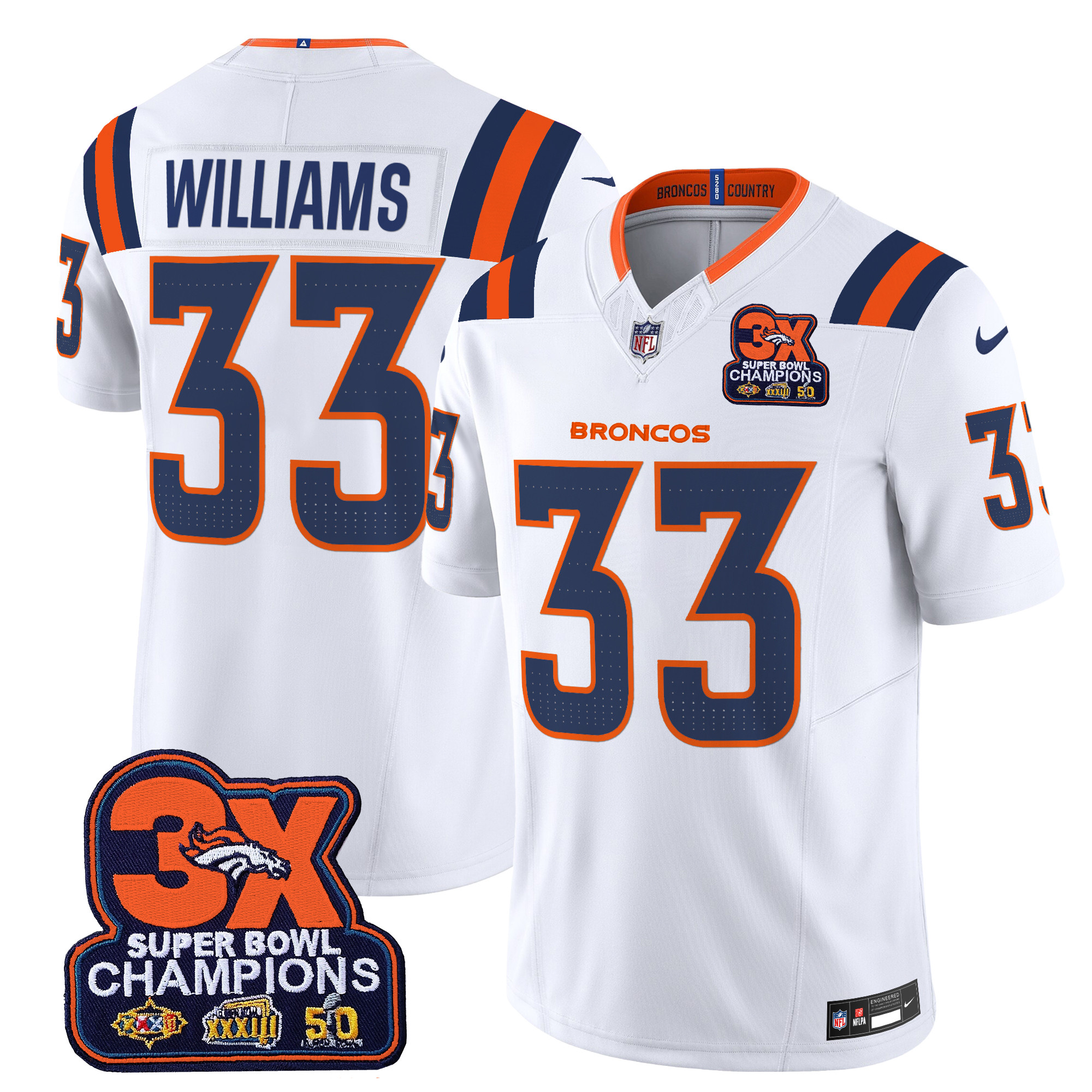 Javonte Williams Men's Denver Broncos 3-Time Champions Patch Vapor Limited White Jersey - All Stitched