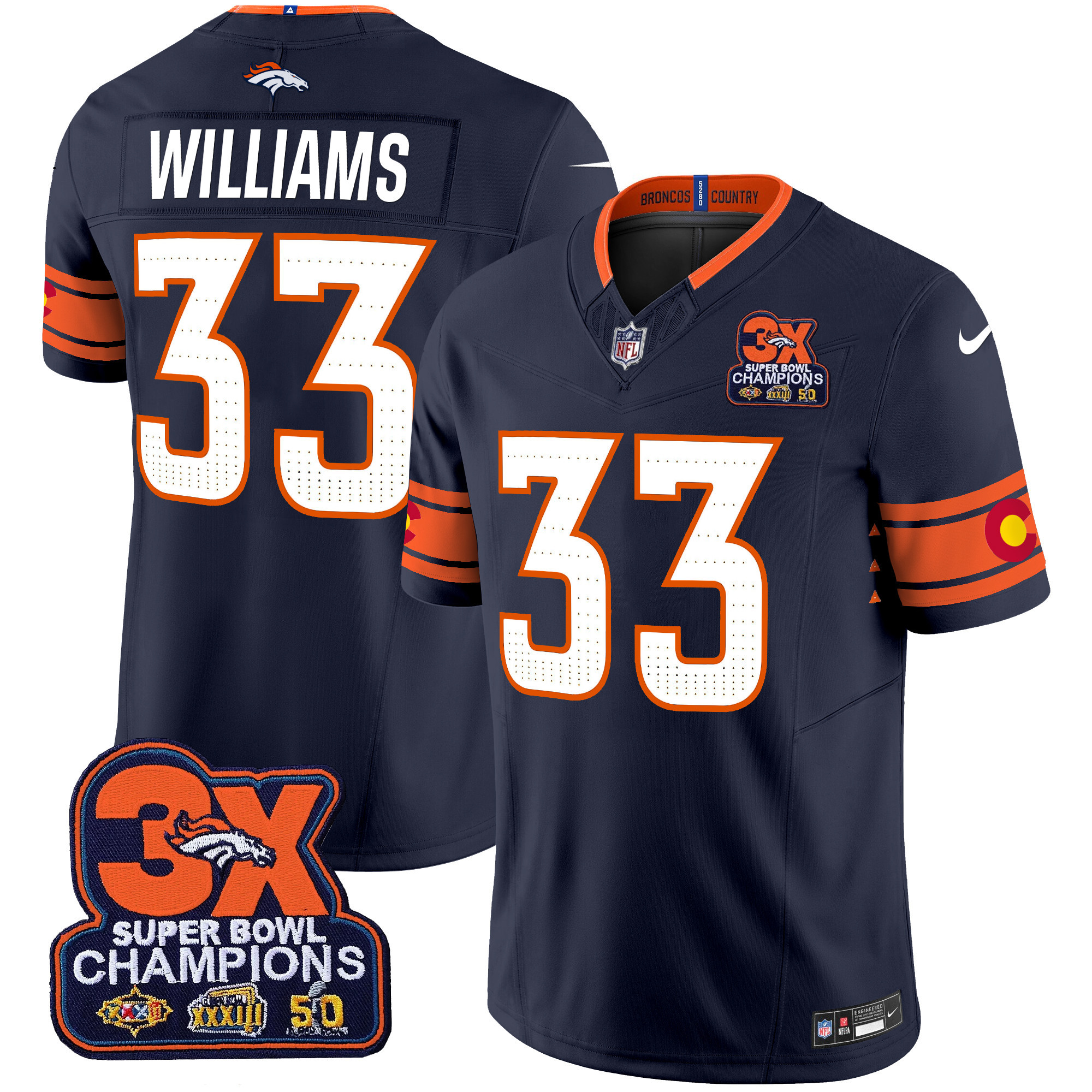 Javonte Williams Men's Denver Broncos 3x Patch "Colorado Flag" Vapor Limited Navy Jersey - All Stitched