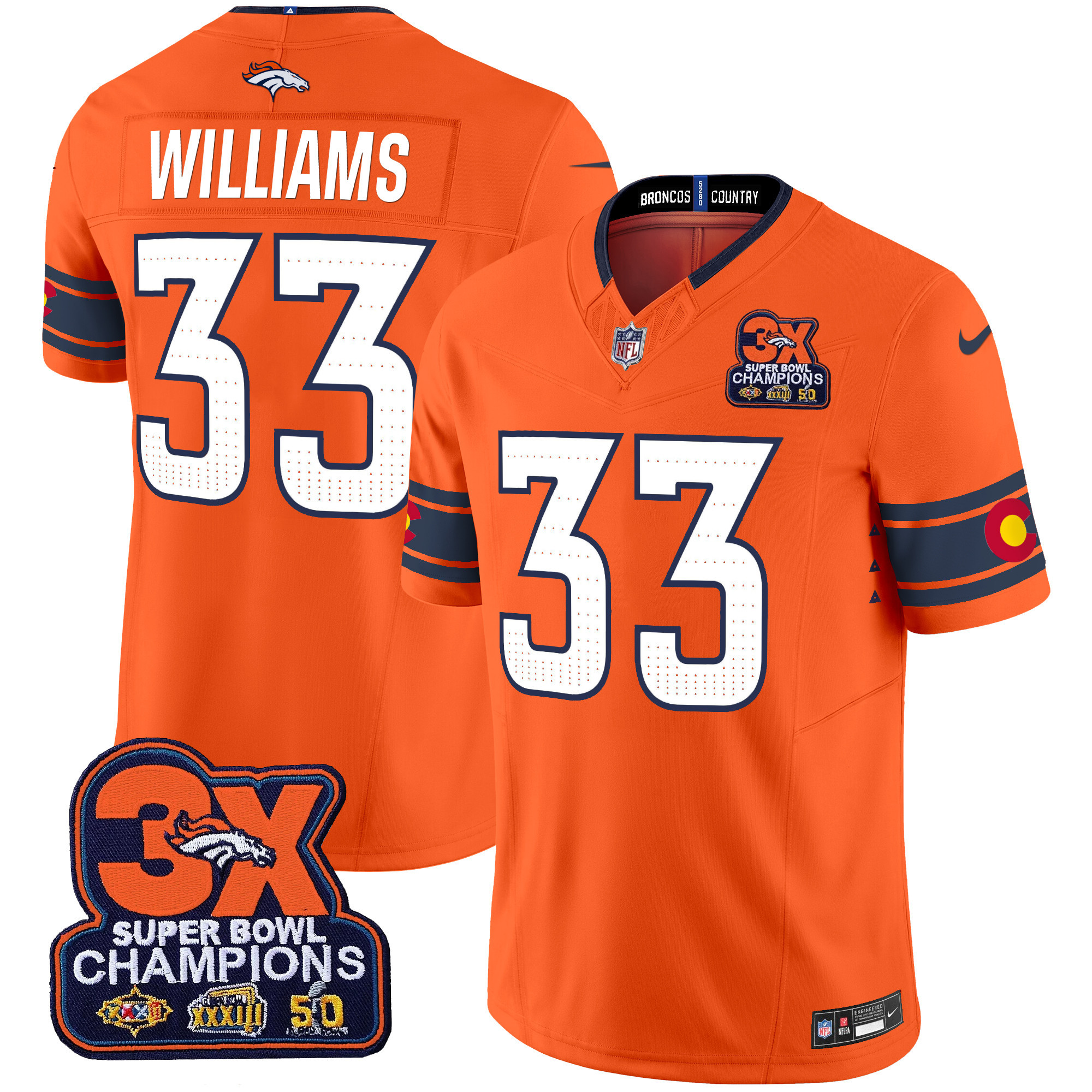 Javonte Williams Men's Denver Broncos 3x Patch "Colorado Flag" Vapor Limited Orange Jersey - All Stitched