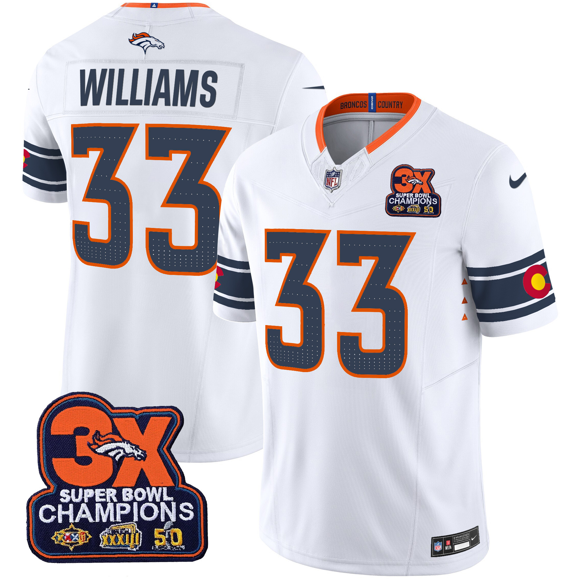 Javonte Williams Men's Denver Broncos 3x Patch "Colorado Flag" Vapor Limited White Jersey - All Stitched