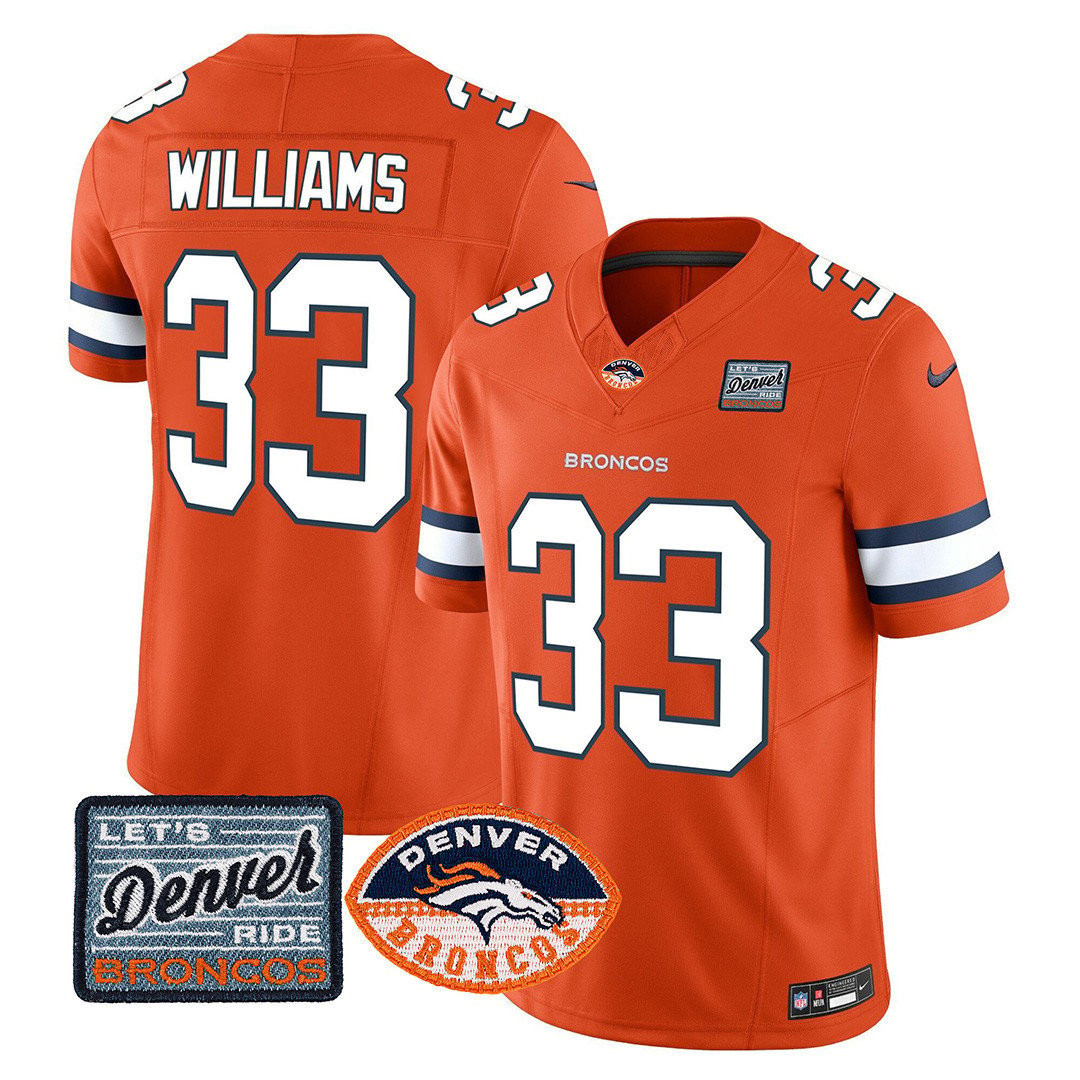 Javonte Williams Men's Denver Broncos Logo Patch Limited Orange Jersey - All Stitched