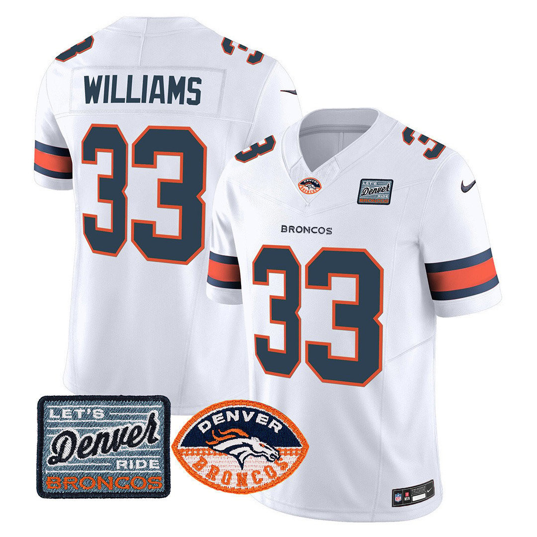 Javonte Williams Men's Denver Broncos Logo Patch Limited White Jersey - All Stitched