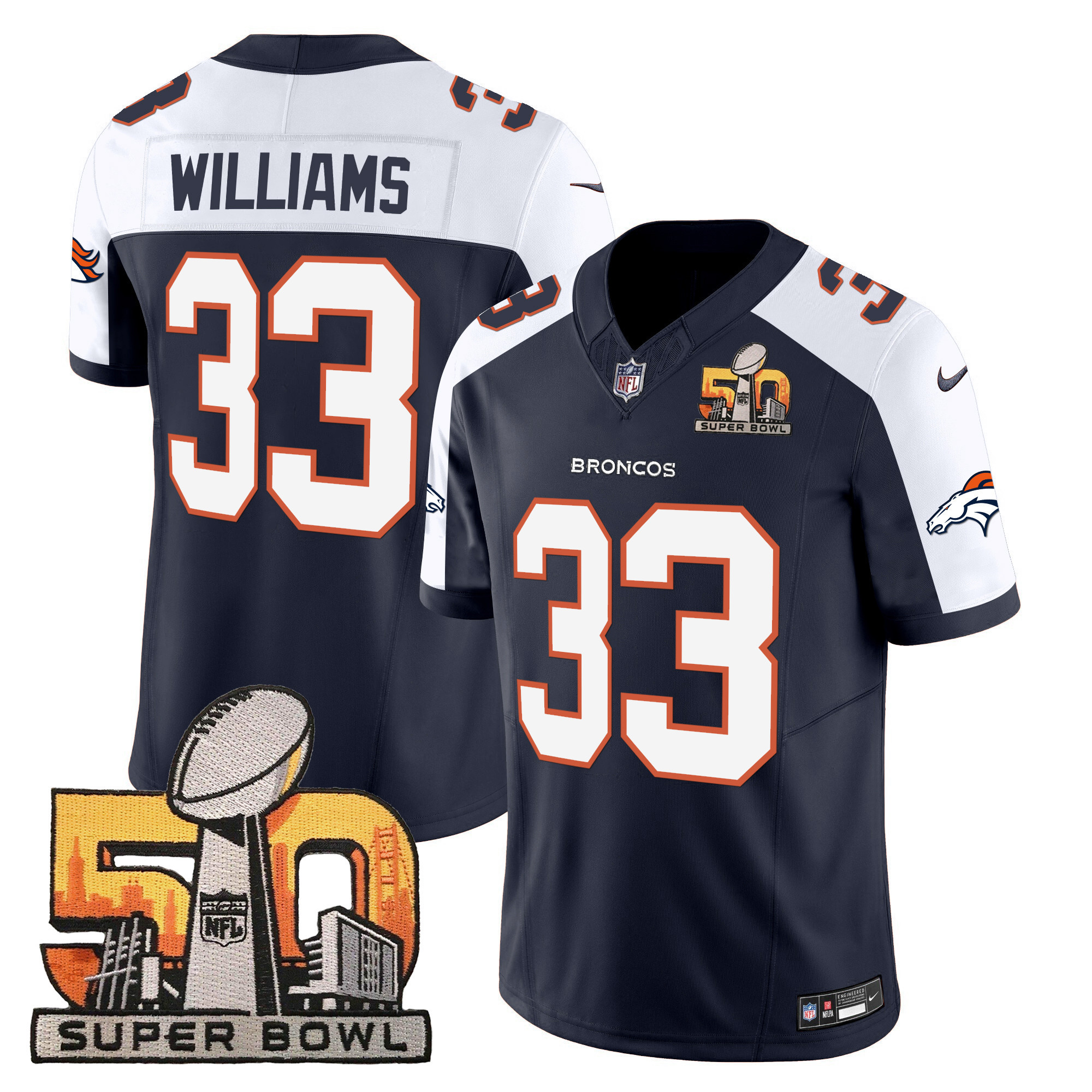 Javonte Williams Men's Denver Broncos Super Bowl 50 Patch Vapor Navy Alternate Jersey - All Stitched
