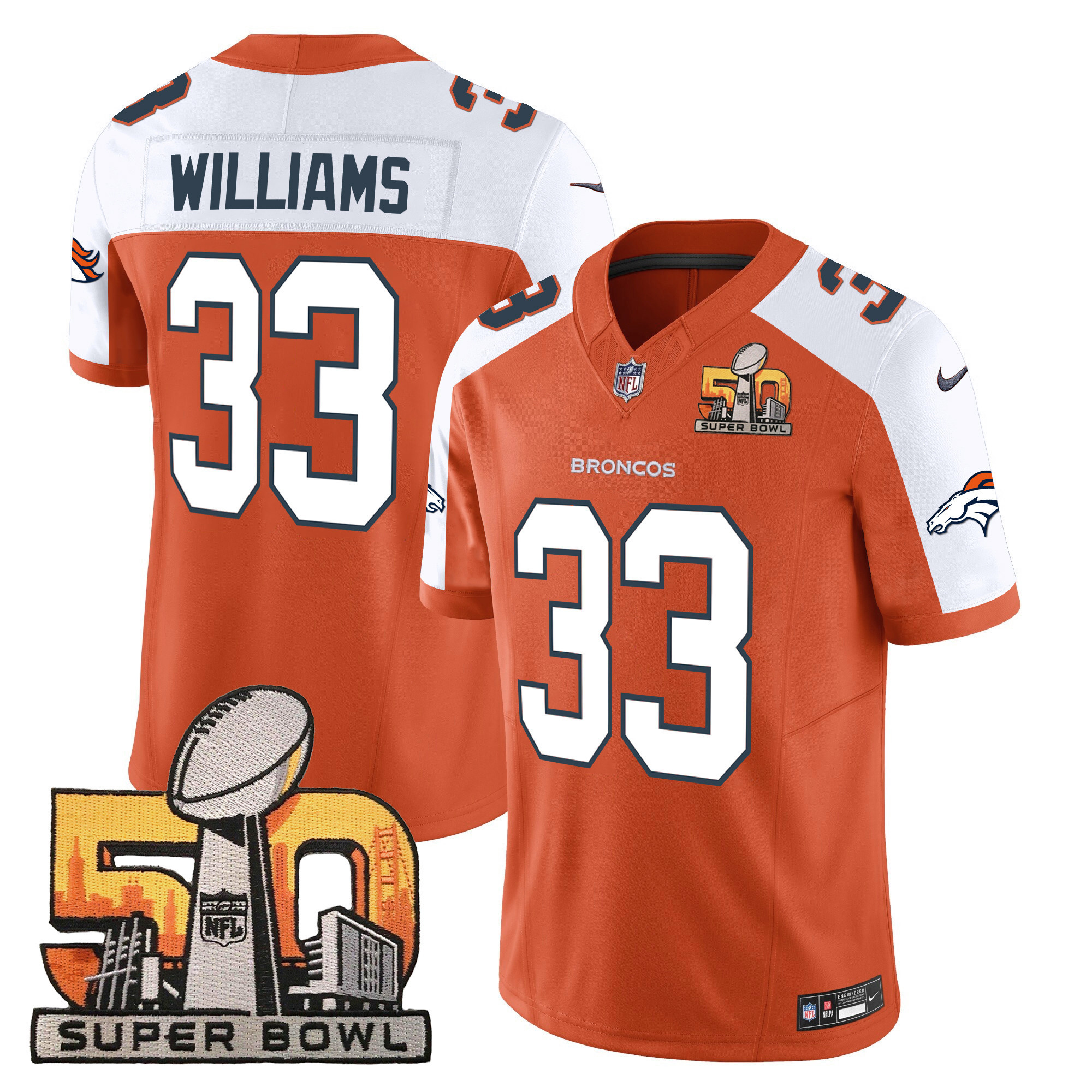 Javonte Williams Men's Denver Broncos Super Bowl 50 Patch Vapor Orange Alternate Jersey - All Stitched