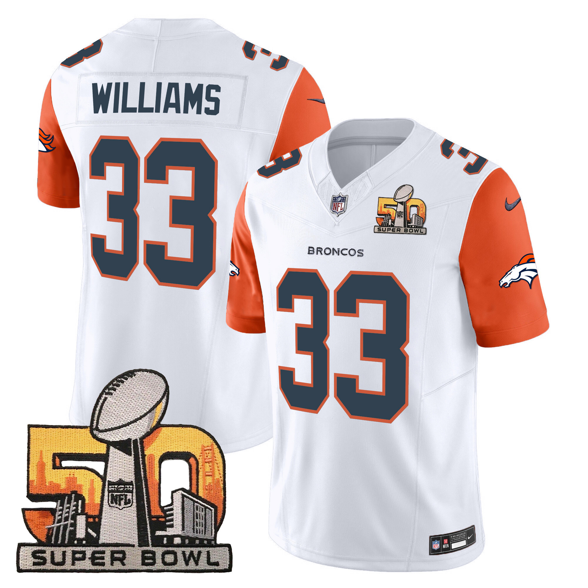 Javonte Williams Men's Denver Broncos Super Bowl 50 Patch Vapor Orange Sleeves Jersey - All Stitched