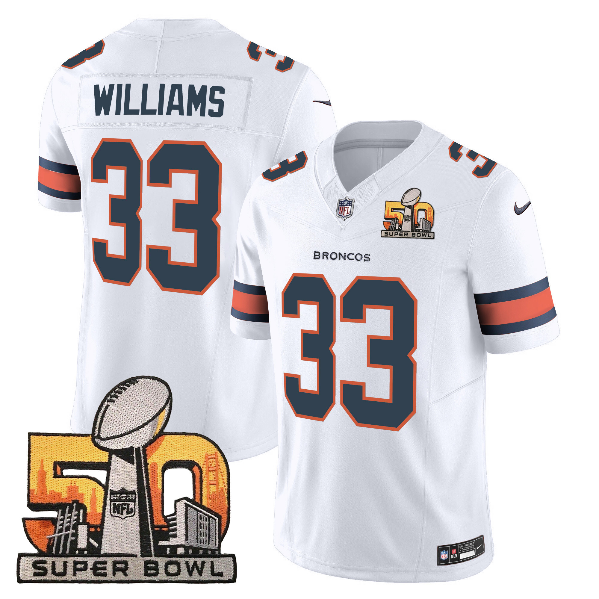 Javonte Williams Men's Denver Broncos Super Bowl 50 Patch Vapor White Jersey - All Stitched