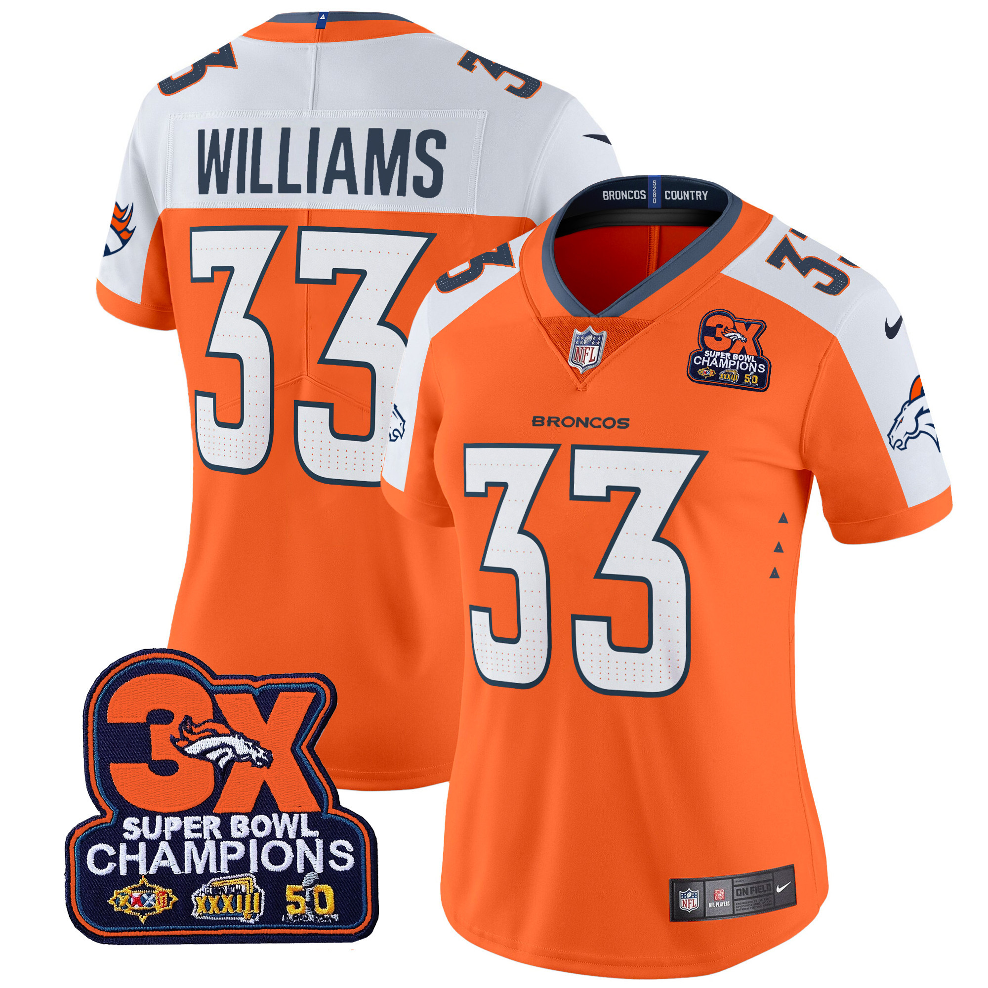 Javonte Williams Women's Denver Broncos 3-Time Champions Patch Vapor Limited Orange Alternate Jersey - All Stitched
