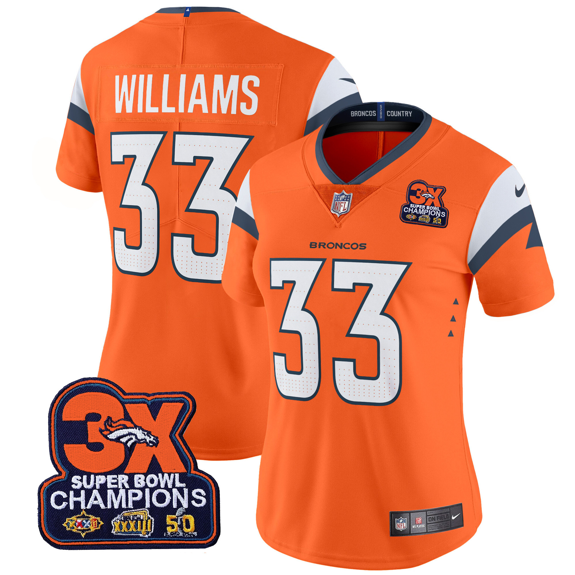 Javonte Williams Women's Denver Broncos 3-Time Champions Patch Vapor Limited Orange Jersey - All Stitched