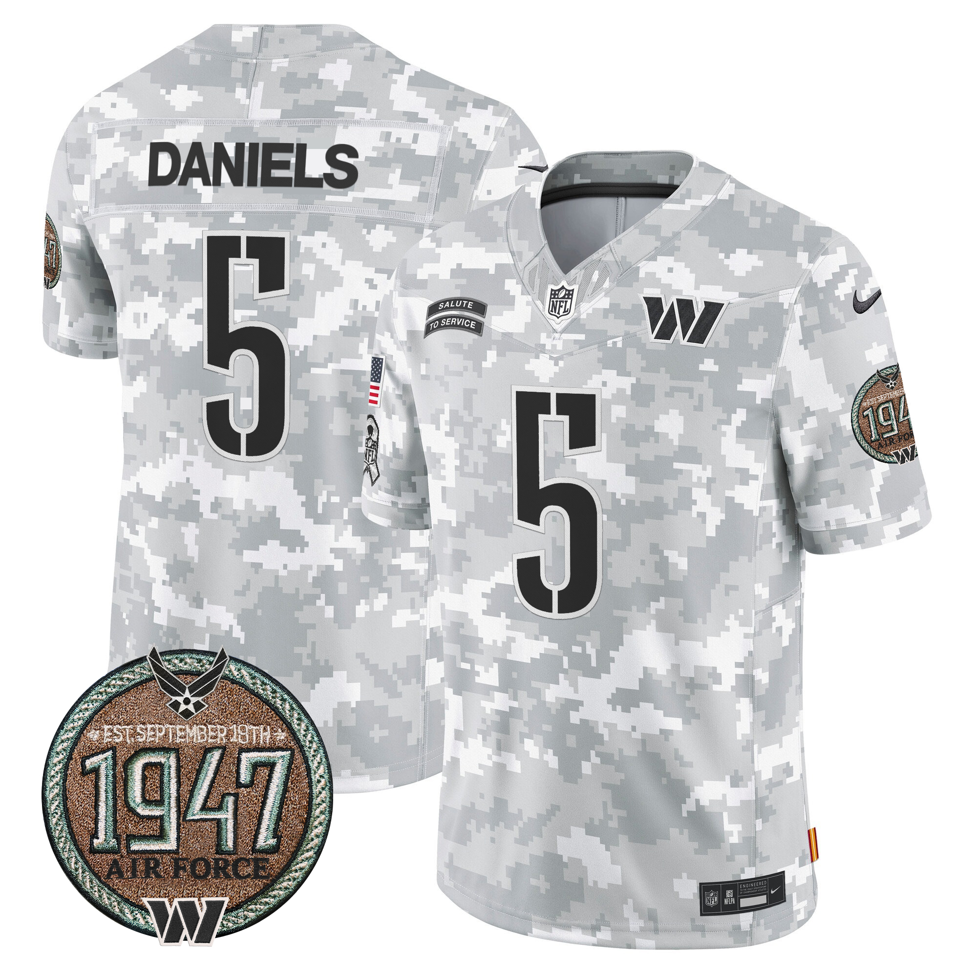 Jayden Daniels Men's Washington Commanders 2024 Salute to Service Establishment Year Patch Vapor Limited Air Force Jersey - All Stitched