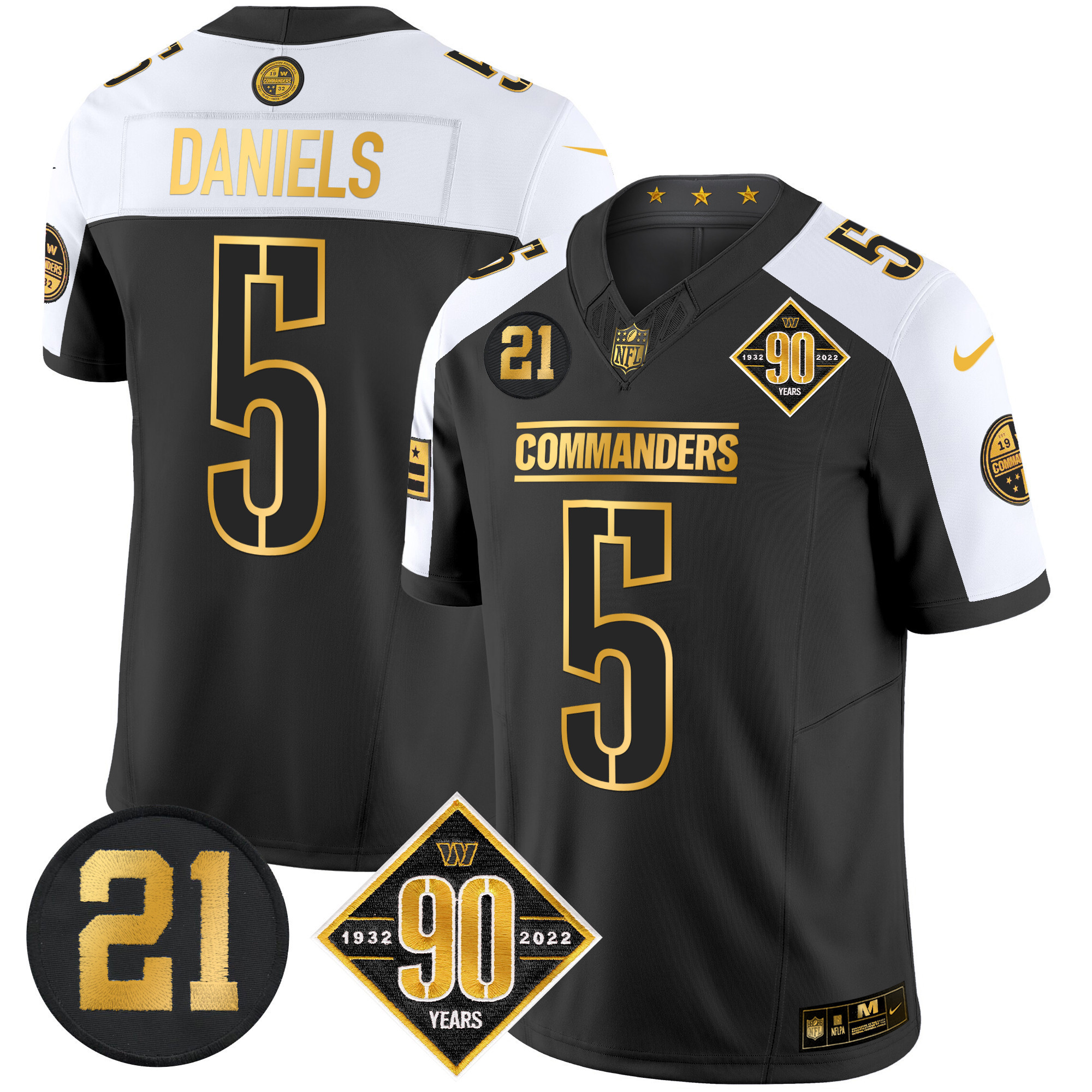 Jayden Daniels Men's Washington Commanders 90th & Sean Taylor Patch Gold Vapor Limited Alternate Jersey - All Stitched