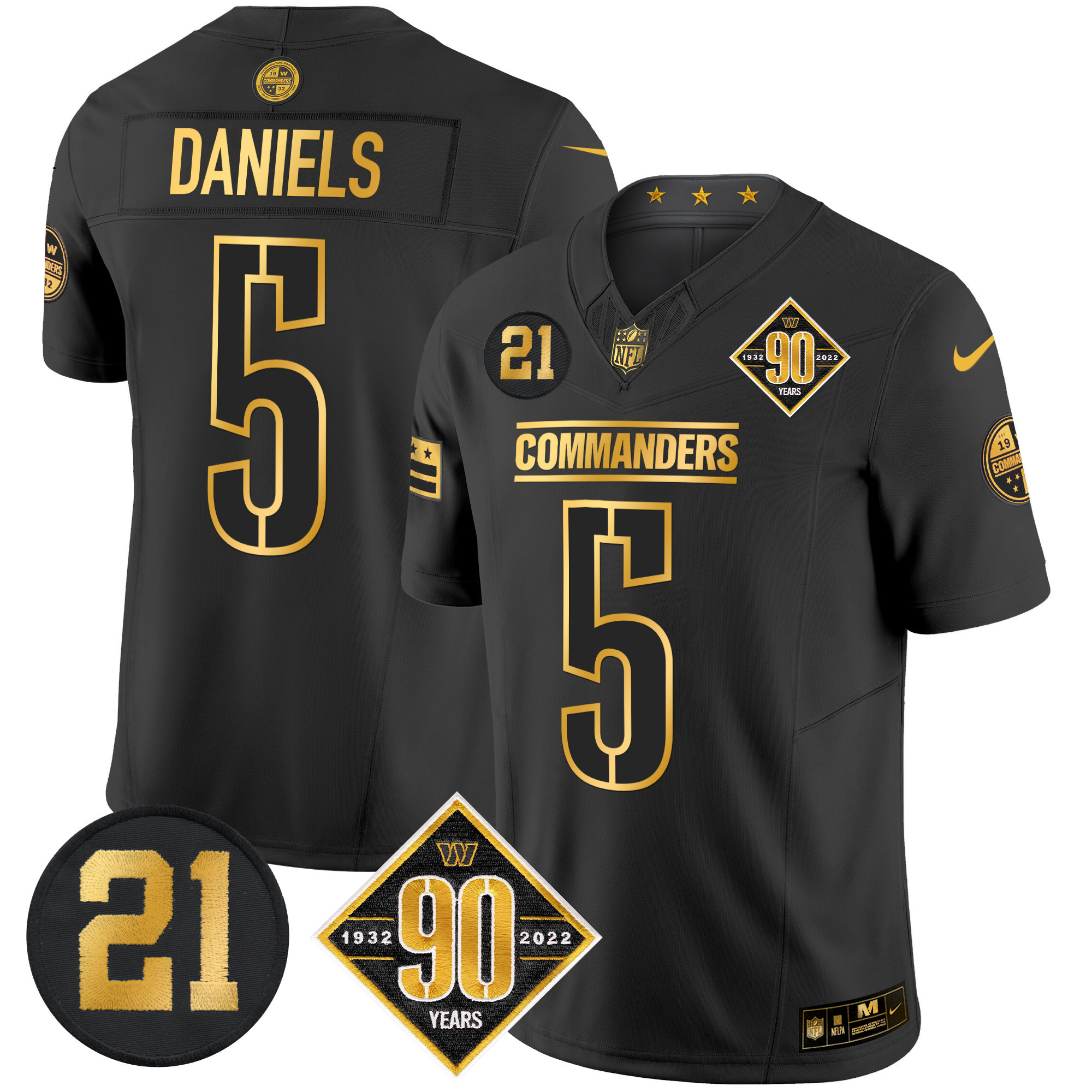 Jayden Daniels Men's Washington Commanders 90th & Sean Taylor Patch Gold Vapor Limited Black Gold Jersey - All Stitched