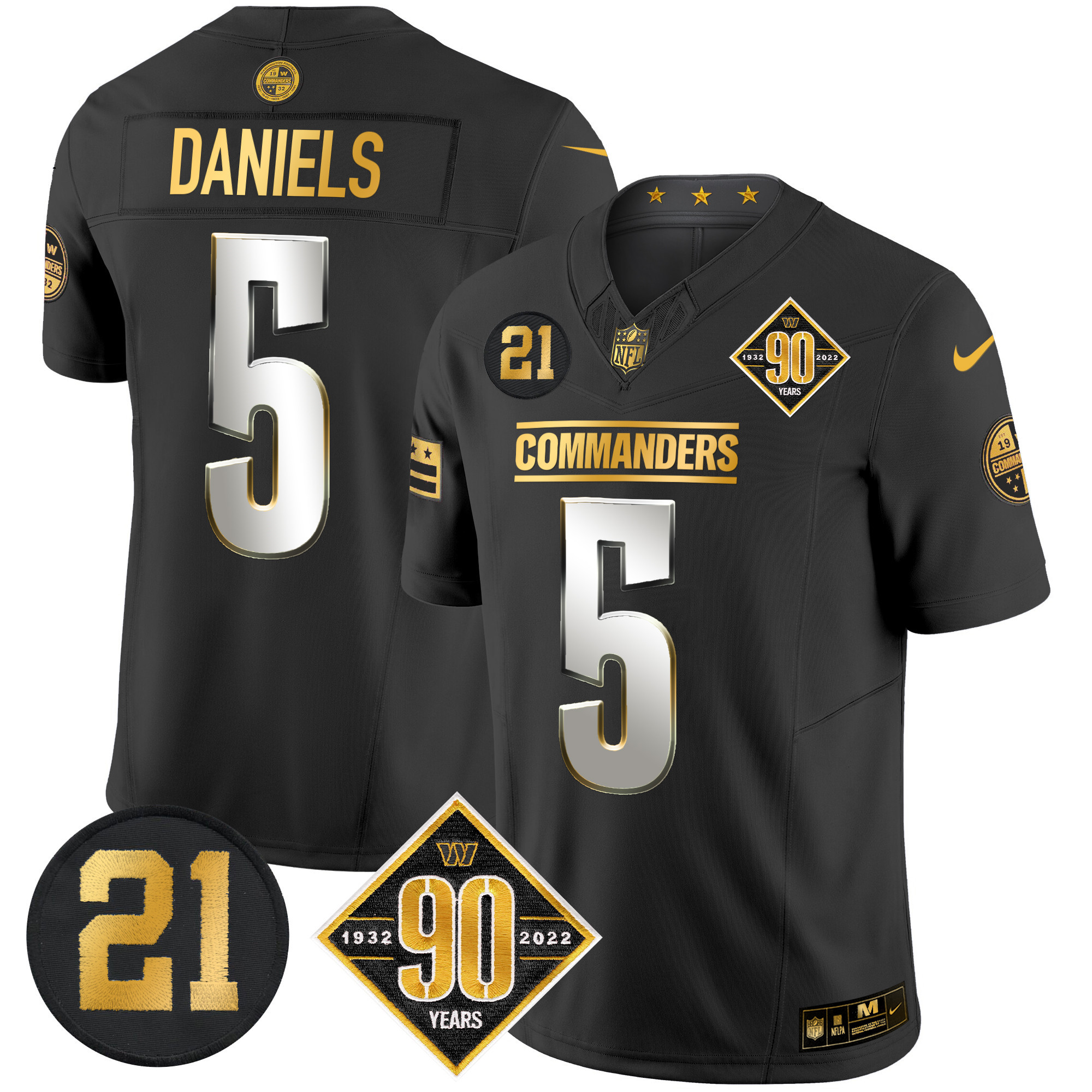 Jayden Daniels Men's Washington Commanders 90th & Sean Taylor Patch Gold Vapor Limited Black Limited Jersey - All Stitched
