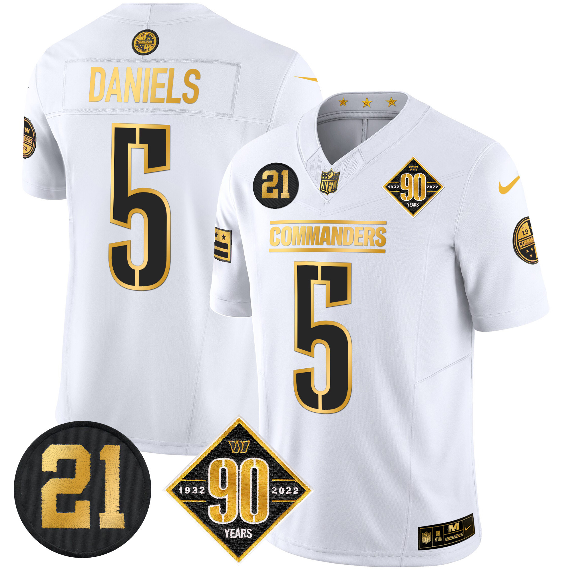 Jayden Daniels Men's Washington Commanders 90th & Sean Taylor Patch Gold Vapor Limited White Gold Jersey - All Stitched