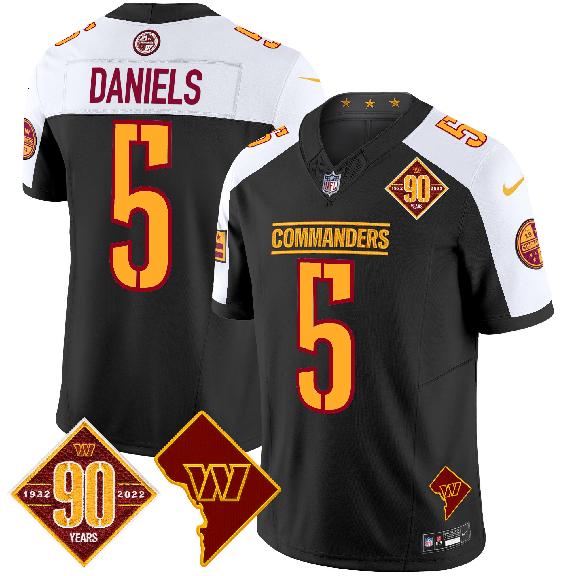 Jayden Daniels Men's Washington Commanders 90th Anniversary & Home Patch Vapor Limited Black Alternate Jersey - All Stitched