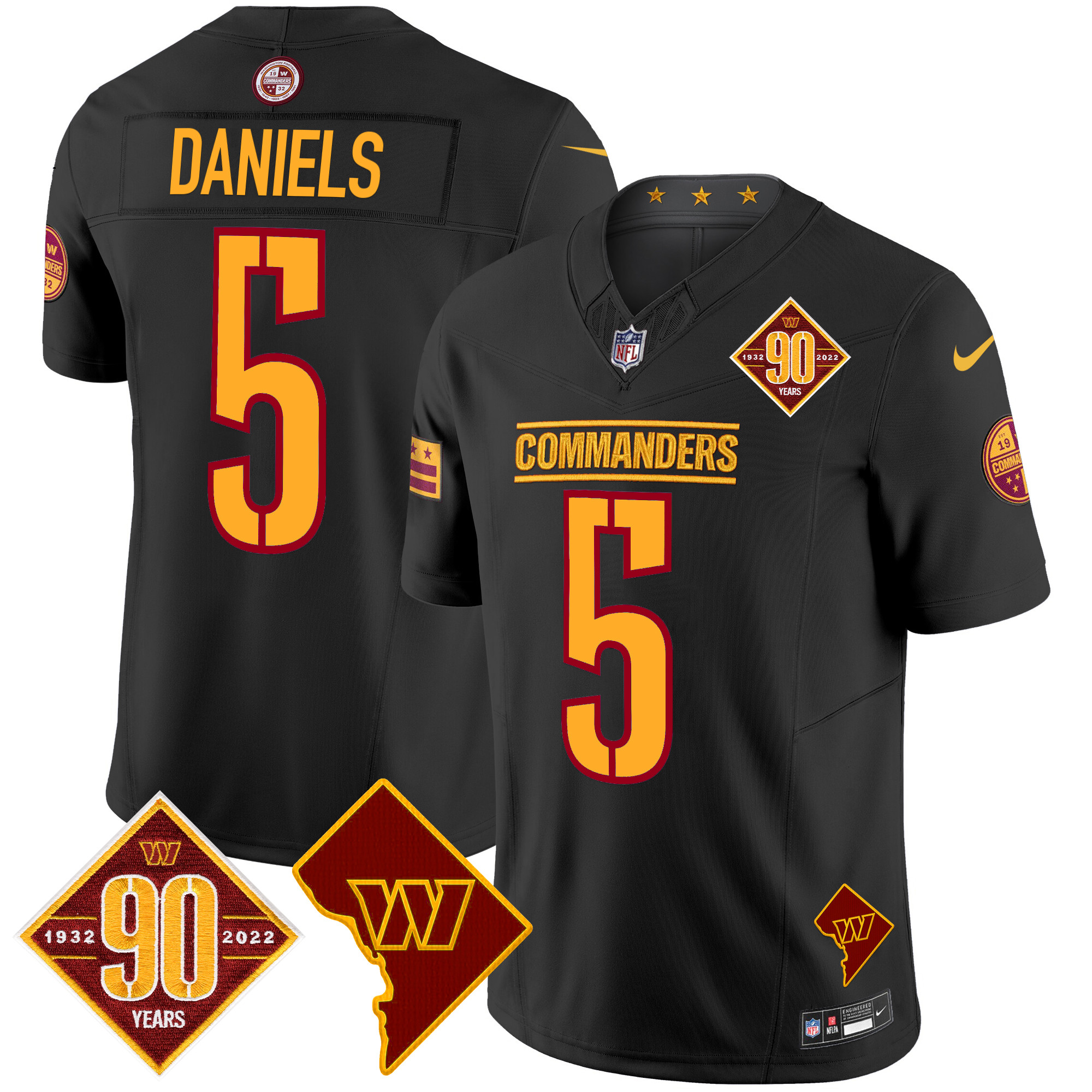Jayden Daniels Men's Washington Commanders 90th Anniversary & Home Patch Vapor Limited Black Jersey - All Stitched