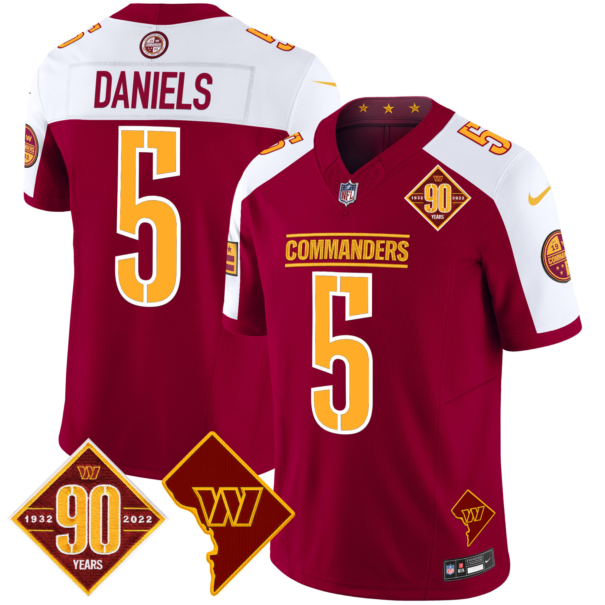 Jayden Daniels Men's Washington Commanders 90th Anniversary & Home Patch Vapor Limited Burgundy Alternate Jersey - All Stitched