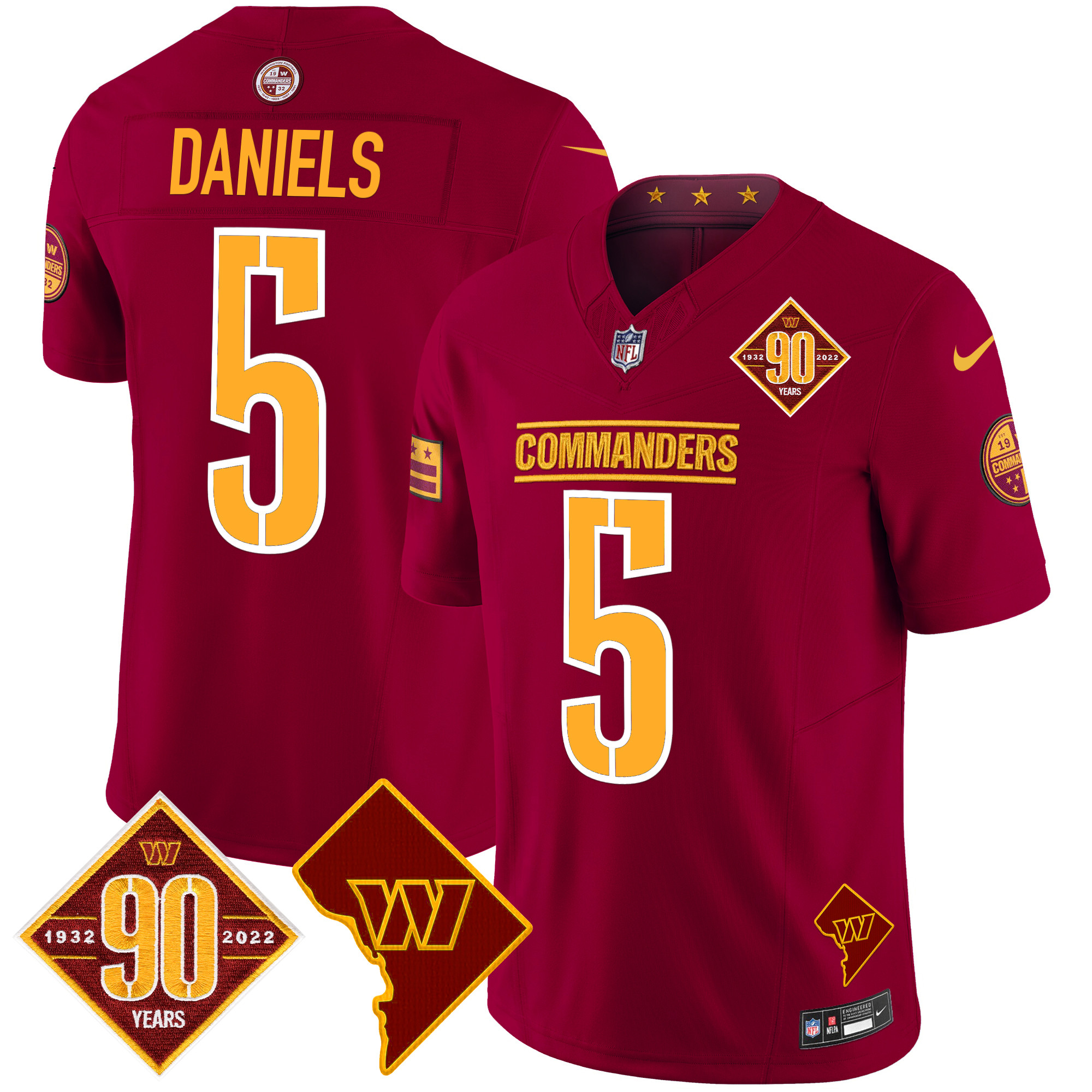 Jayden Daniels Men's Washington Commanders 90th Anniversary & Home Patch Vapor Limited Burgundy Jersey - All Stitched