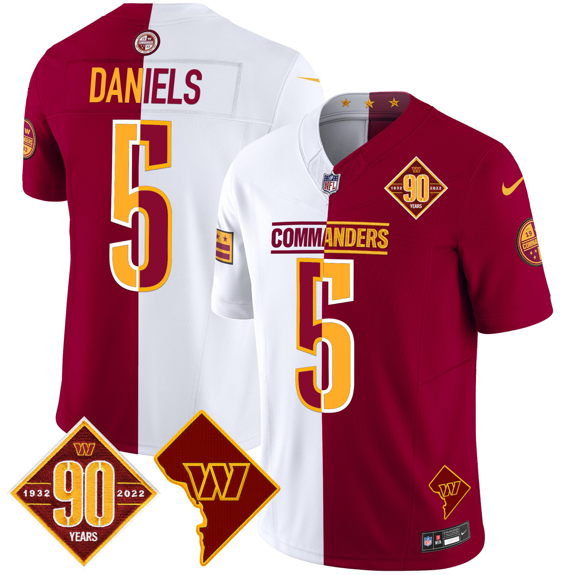Jayden Daniels Men's Washington Commanders 90th Anniversary & Home Patch Vapor Limited Half Jersey - All Stitched