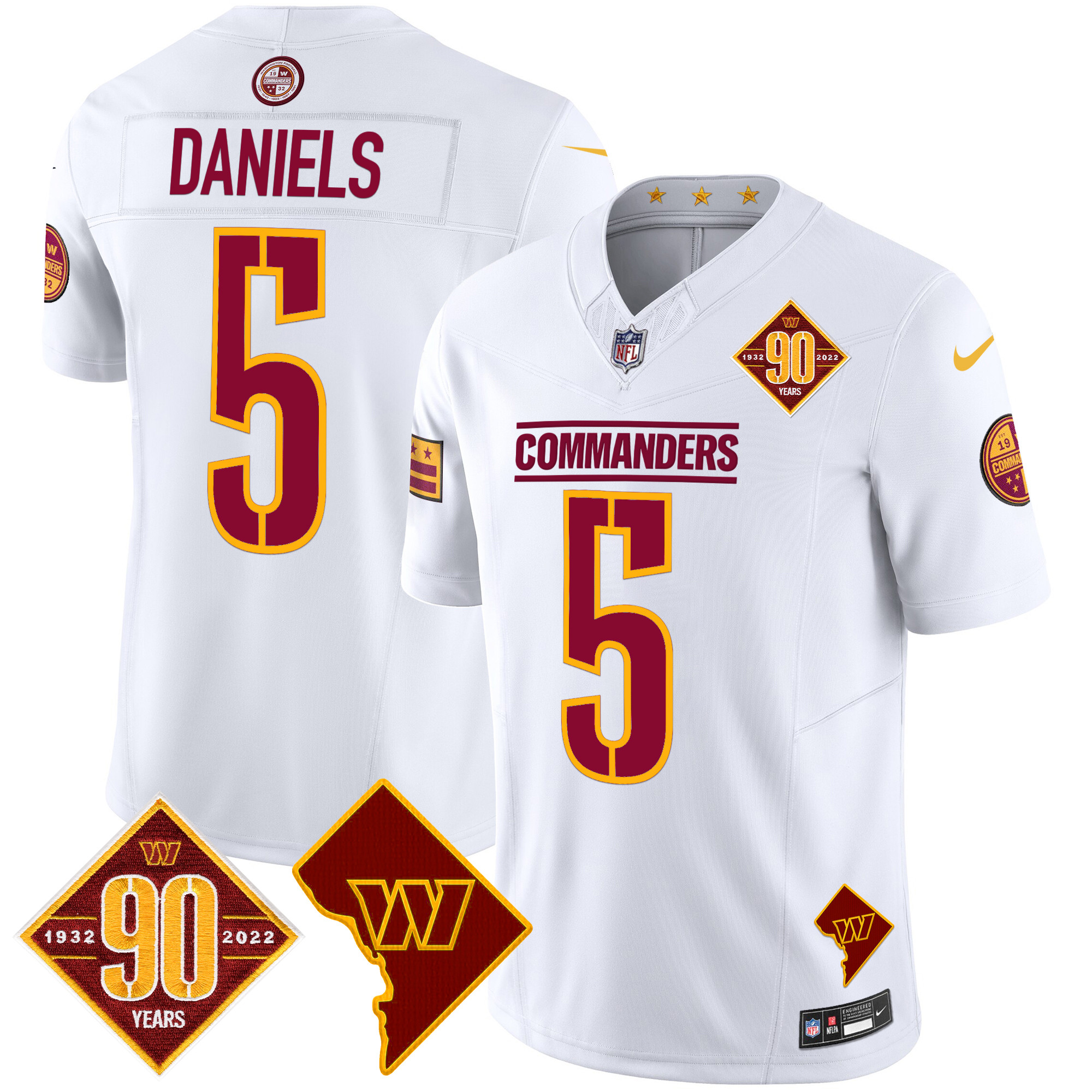 Jayden Daniels Men's Washington Commanders 90th Anniversary & Home Patch Vapor Limited White Jersey - All Stitched