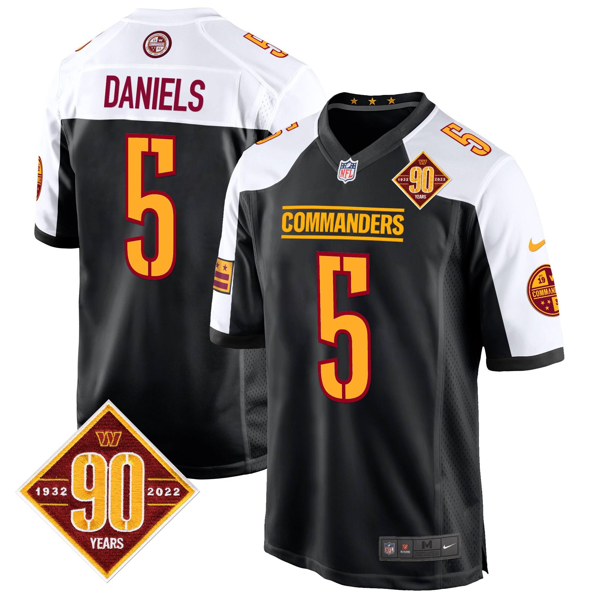 Jayden Daniels Men's Washington Commanders 90th Anniversary Patch Game Black Alternate Jersey - All Stitched