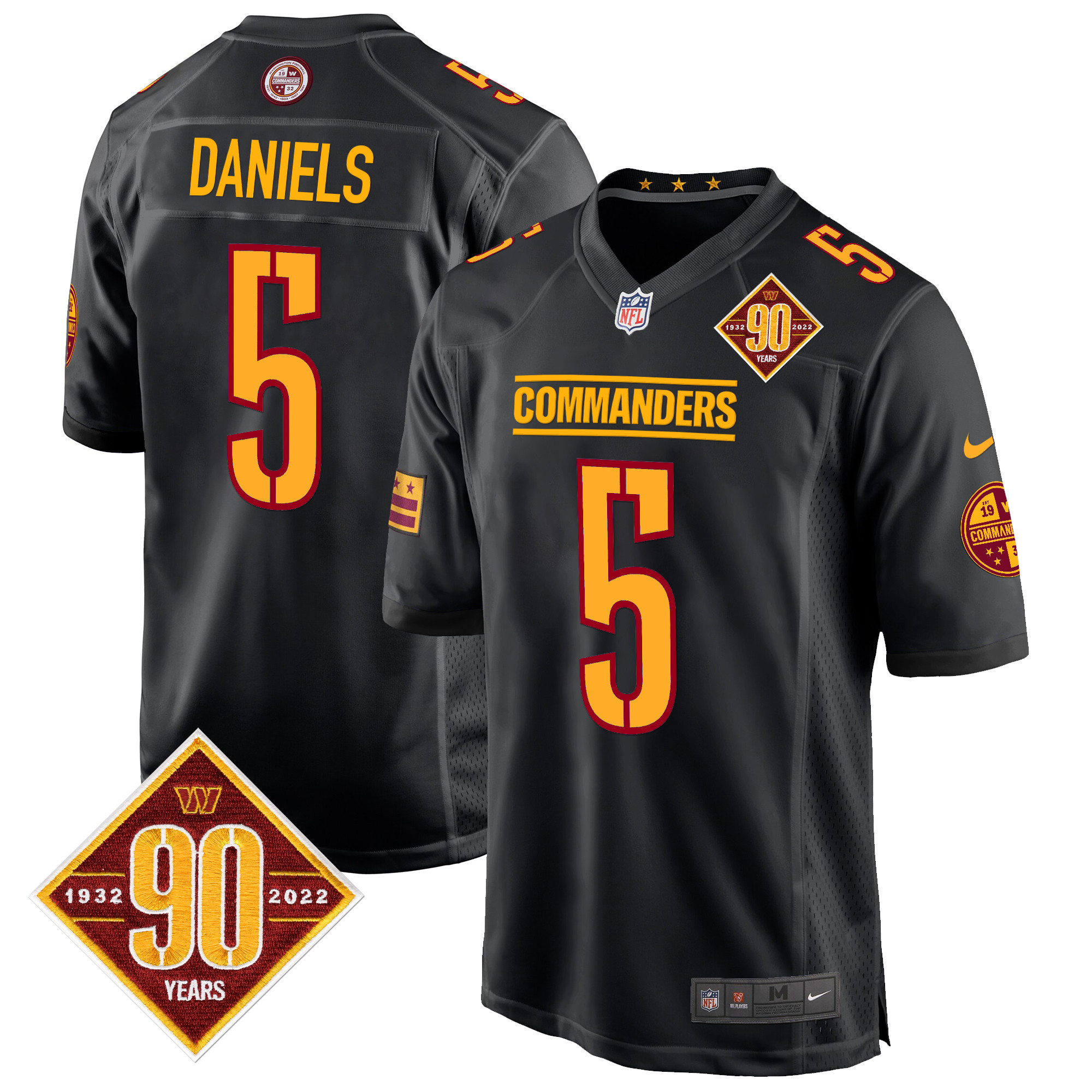 Jayden Daniels Men's Washington Commanders 90th Anniversary Patch Game Black Jersey - All Stitched