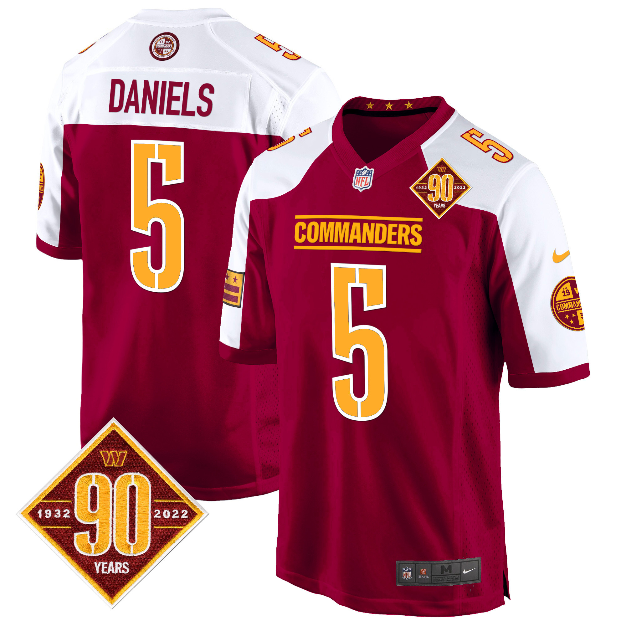 Jayden Daniels Men's Washington Commanders 90th Anniversary Patch Game Burgundy Alternate Jersey - All Stitched