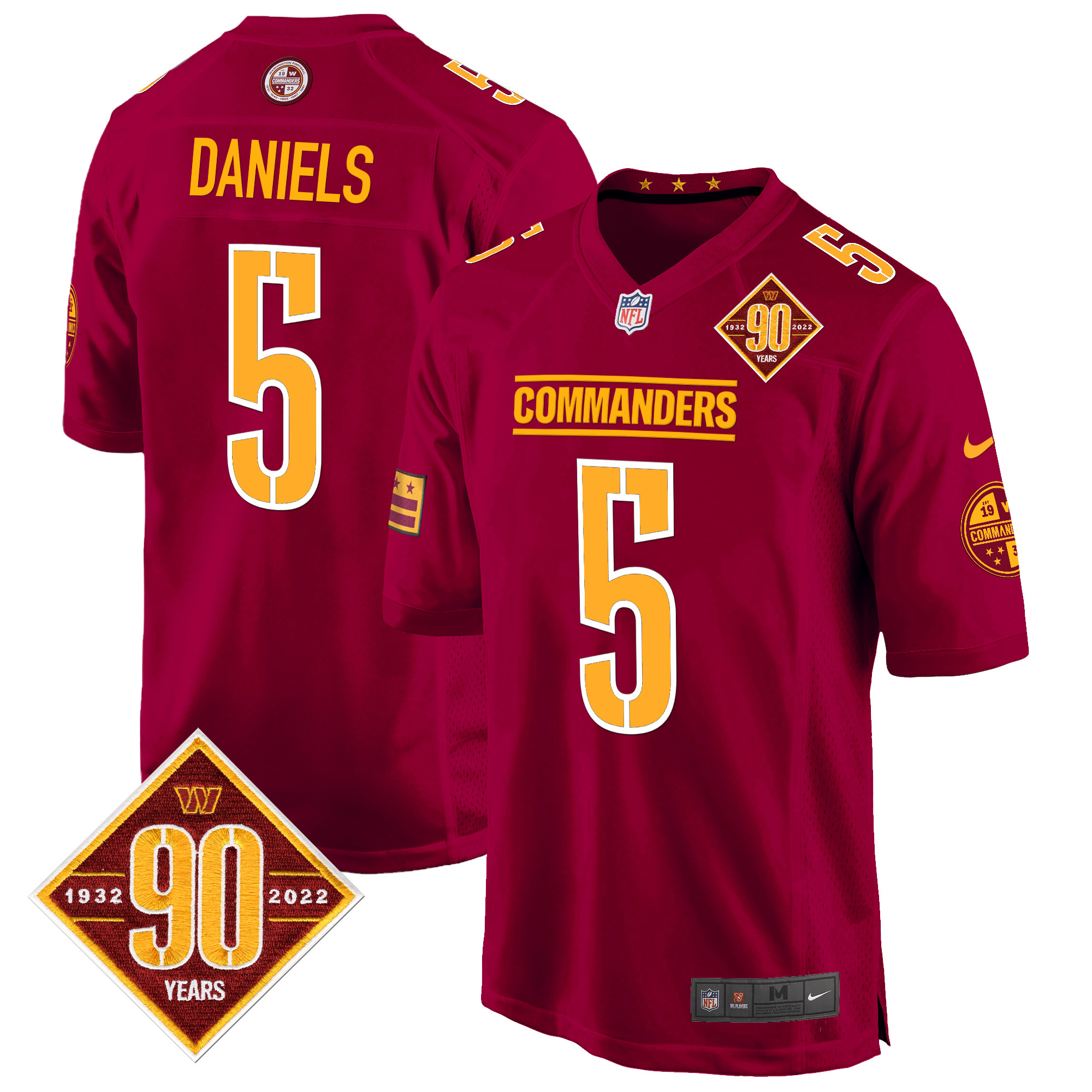 Jayden Daniels Men's Washington Commanders 90th Anniversary Patch Game Burgundy Jersey - All Stitched