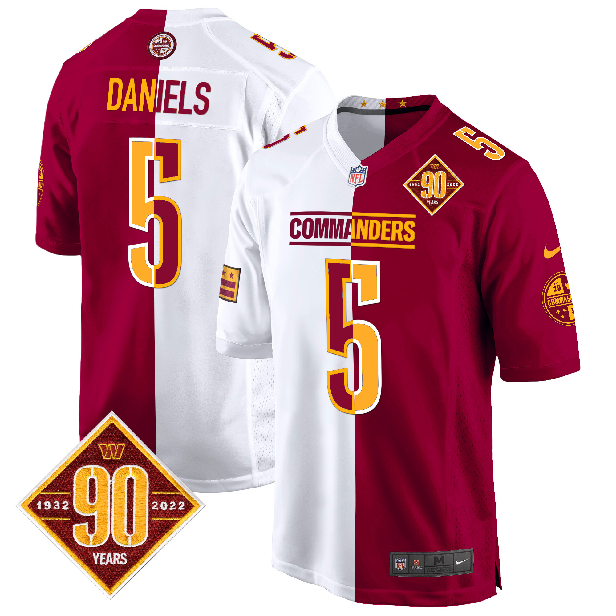 Jayden Daniels Men's Washington Commanders 90th Anniversary Patch Game Half Jersey - All Stitched