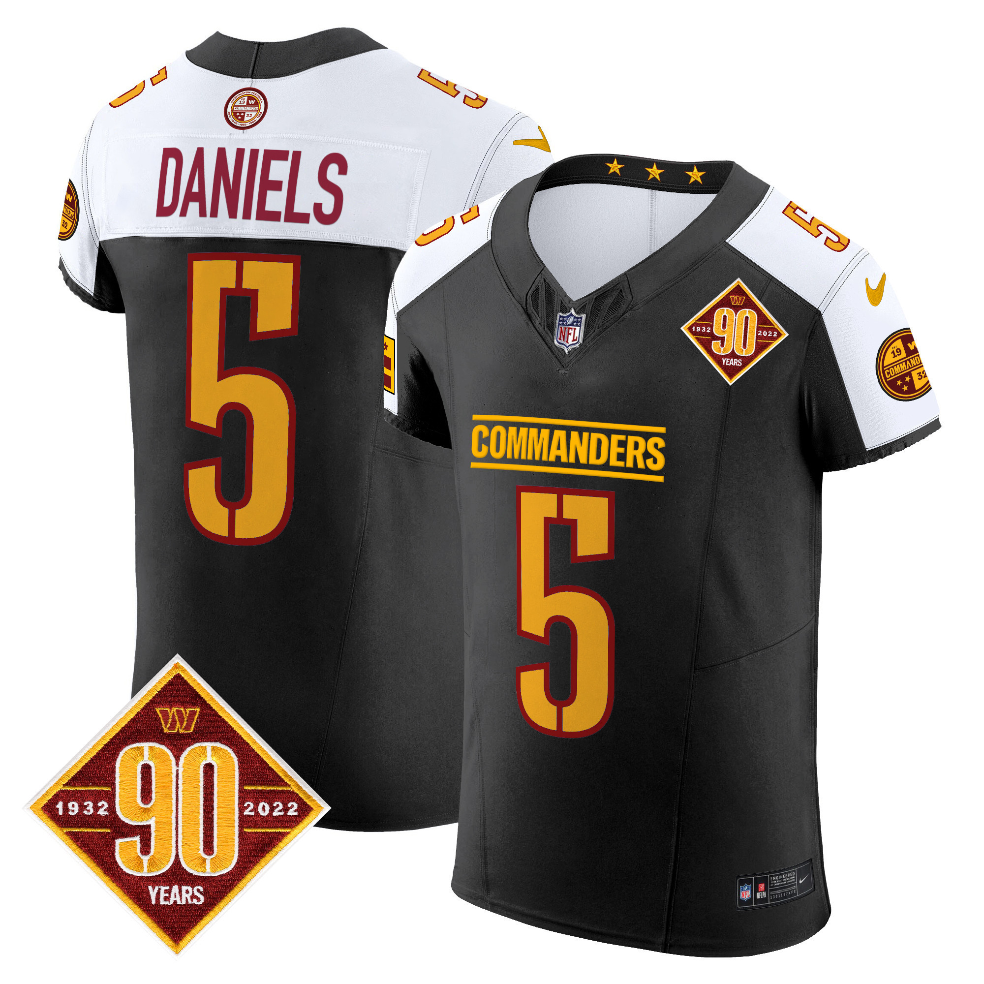 Jayden Daniels Men's Washington Commanders 90th Anniversary Patch Vapor Elite Black Alternate Jersey - All Stitched