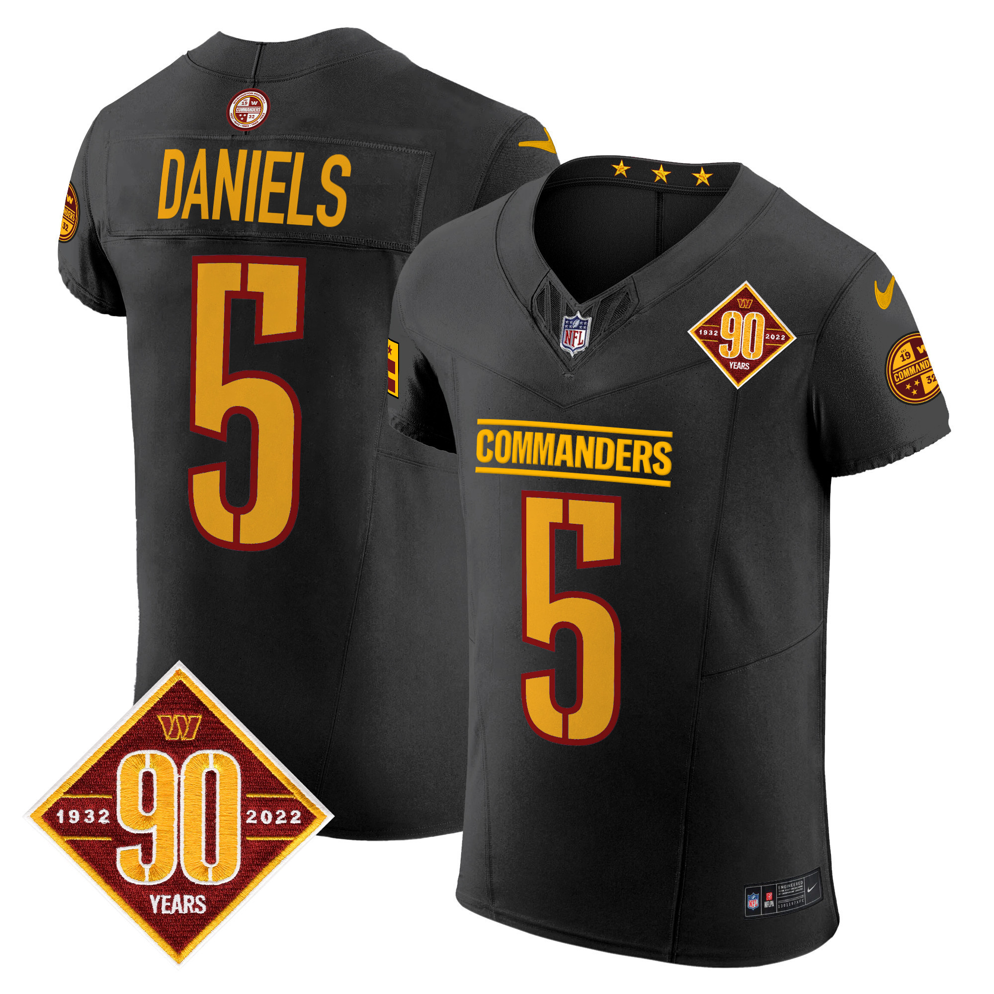 Jayden Daniels Men's Washington Commanders 90th Anniversary Patch Vapor Elite Black Jersey - All Stitched