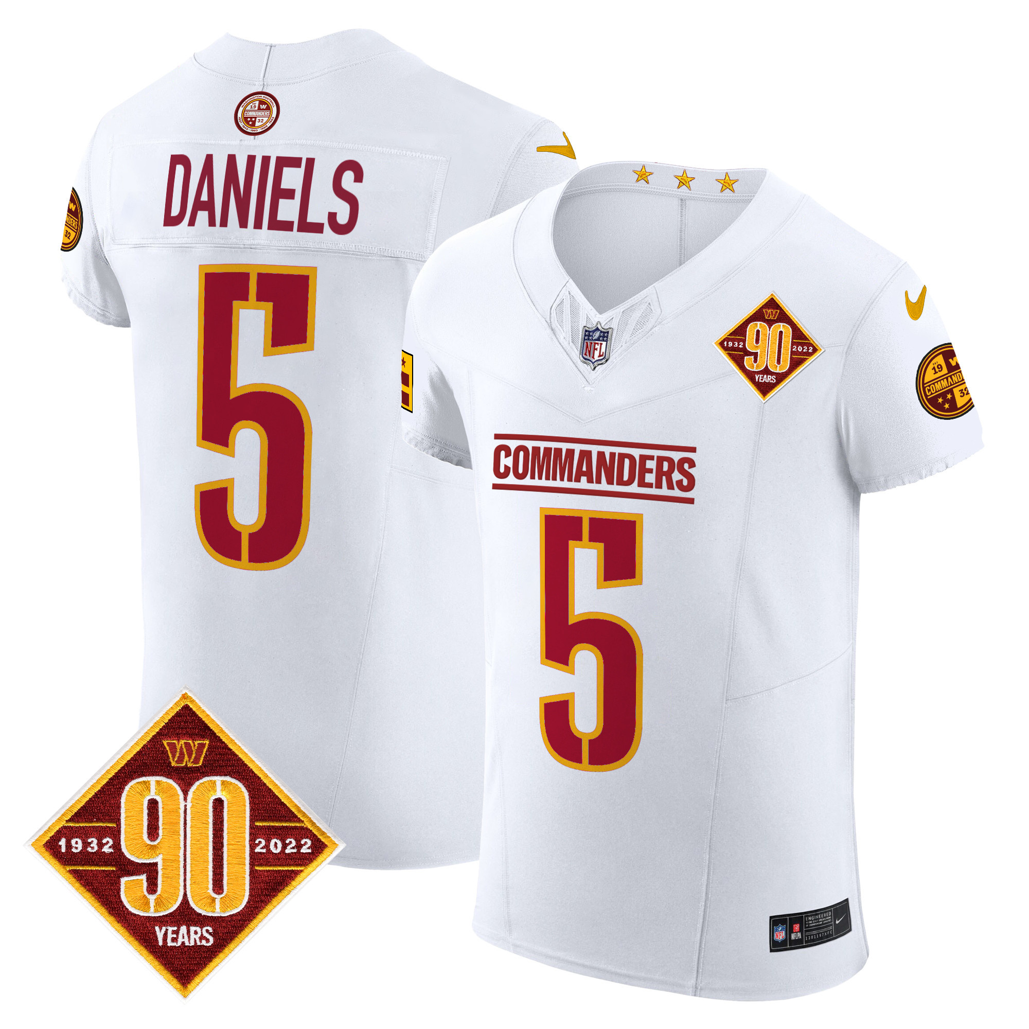 Jayden Daniels Men's Washington Commanders 90th Anniversary Patch Vapor Elite White Jersey - All Stitched