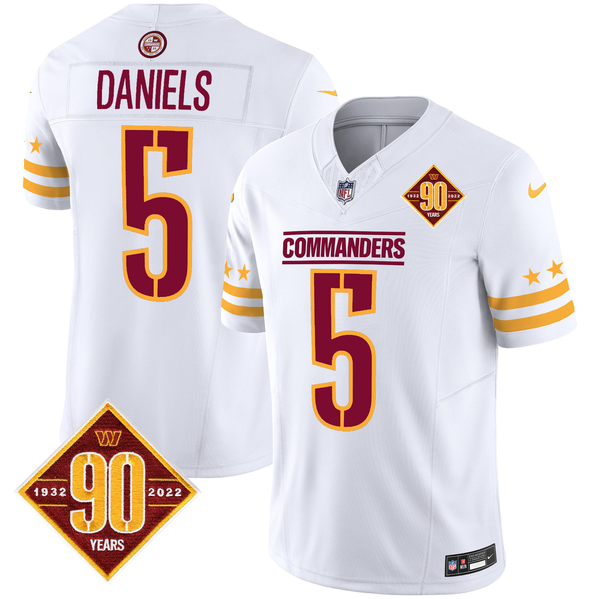 Jayden Daniels Men's Washington Commanders 90th Anniversary Patch Vapor Limited White Jersey - All Stitched